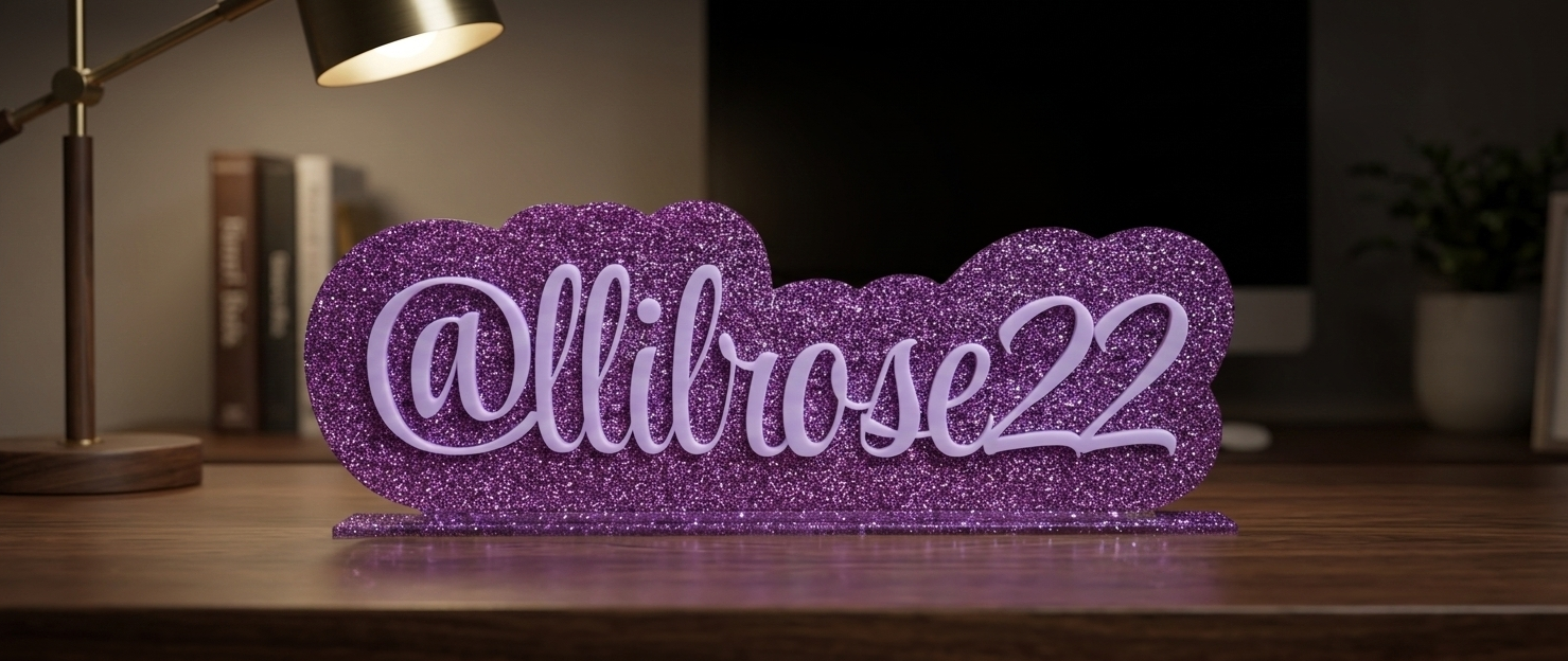 Social media handle sign made from multiple layers of acrylic