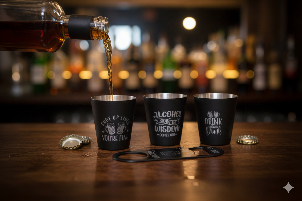 Laser engraved shot glasses and metal bottle opener