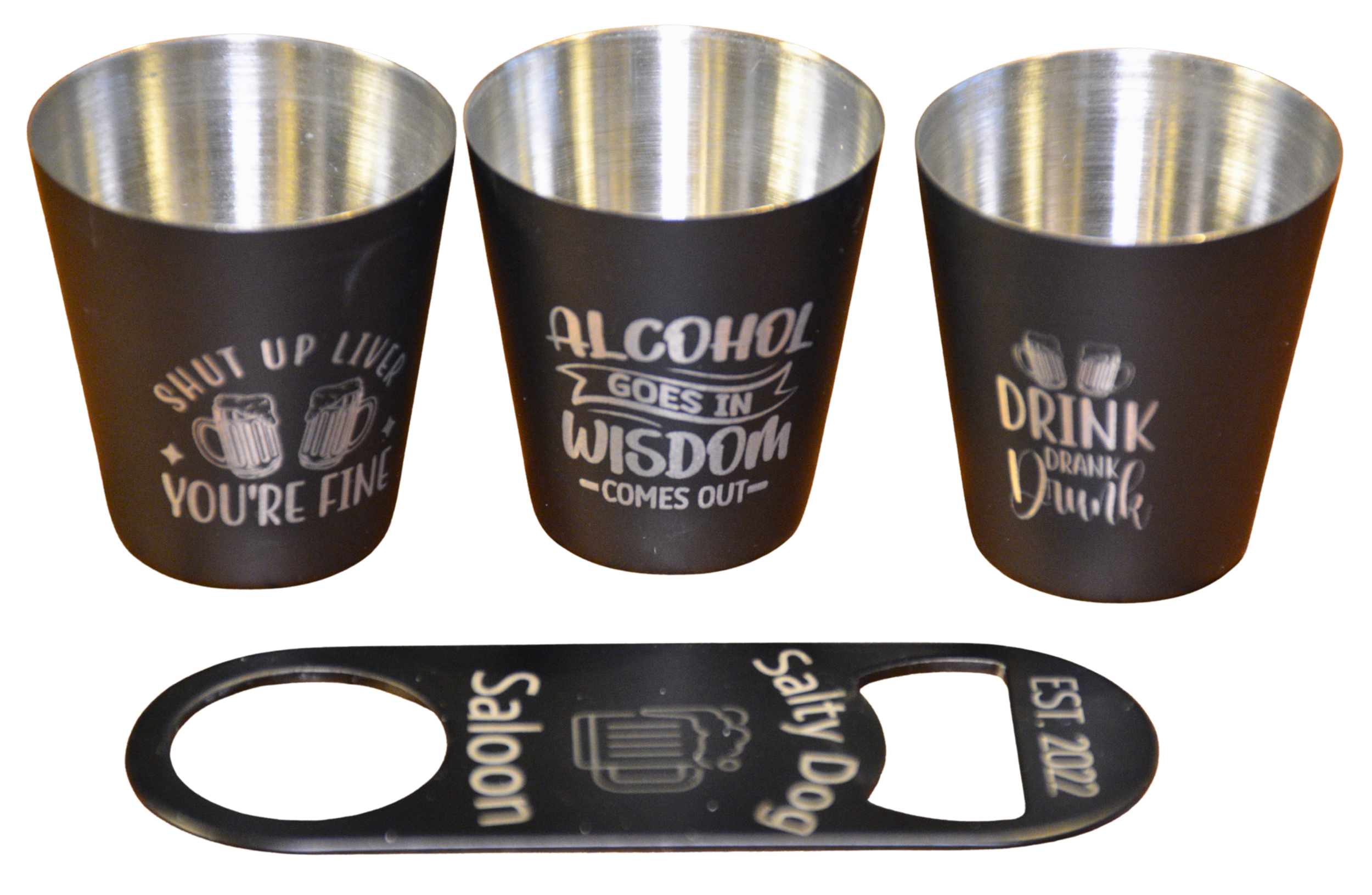 powder coated stainless steel shot glasses and bottle opener