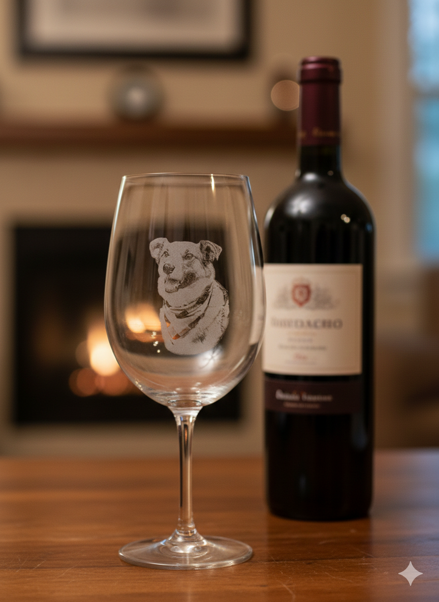 Laser engraved wine glass with the owners pet