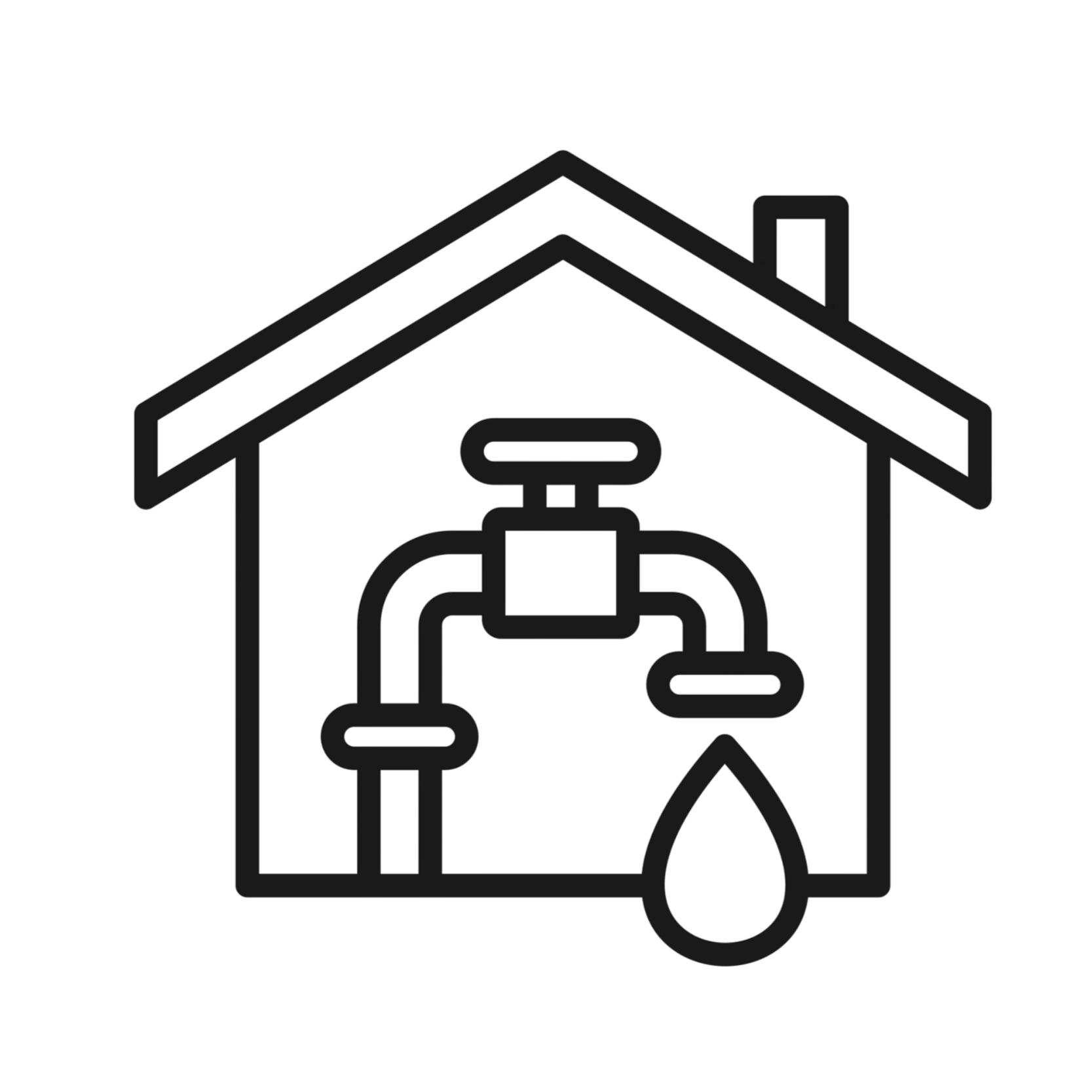 Outline of a house with a pipe with water dripping out of it to show new construction plumbing in services.