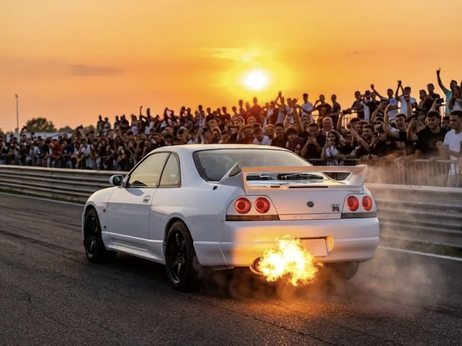 A white sports car appears to be on a race track at sunset with a crowd of spectators behind a barrier, and the car's exhaust is emitting flames.