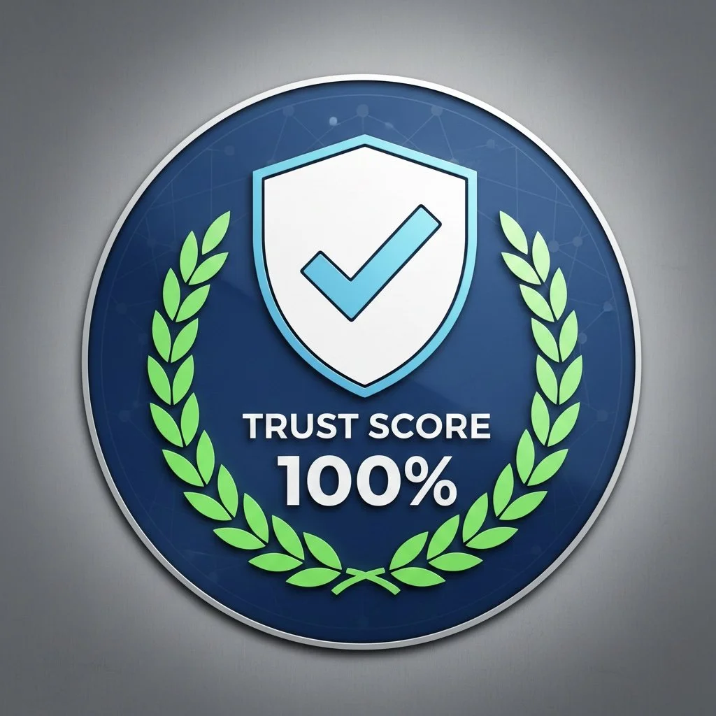 A digital badge displaying a shield with a check mark, surrounded by a laurel wreath, with the words "Trust Score 100%" underneath.