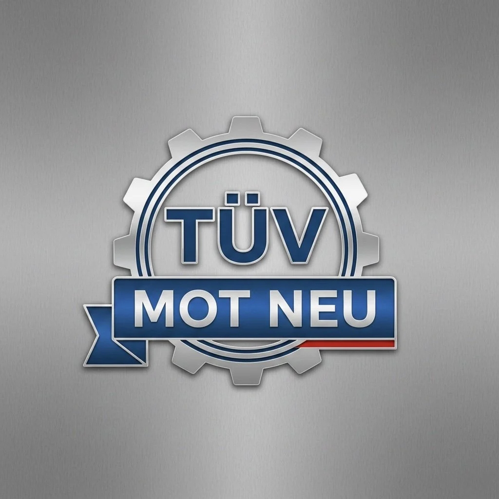 TÜV, MOT NEU badge with gear design and blue and silver color scheme