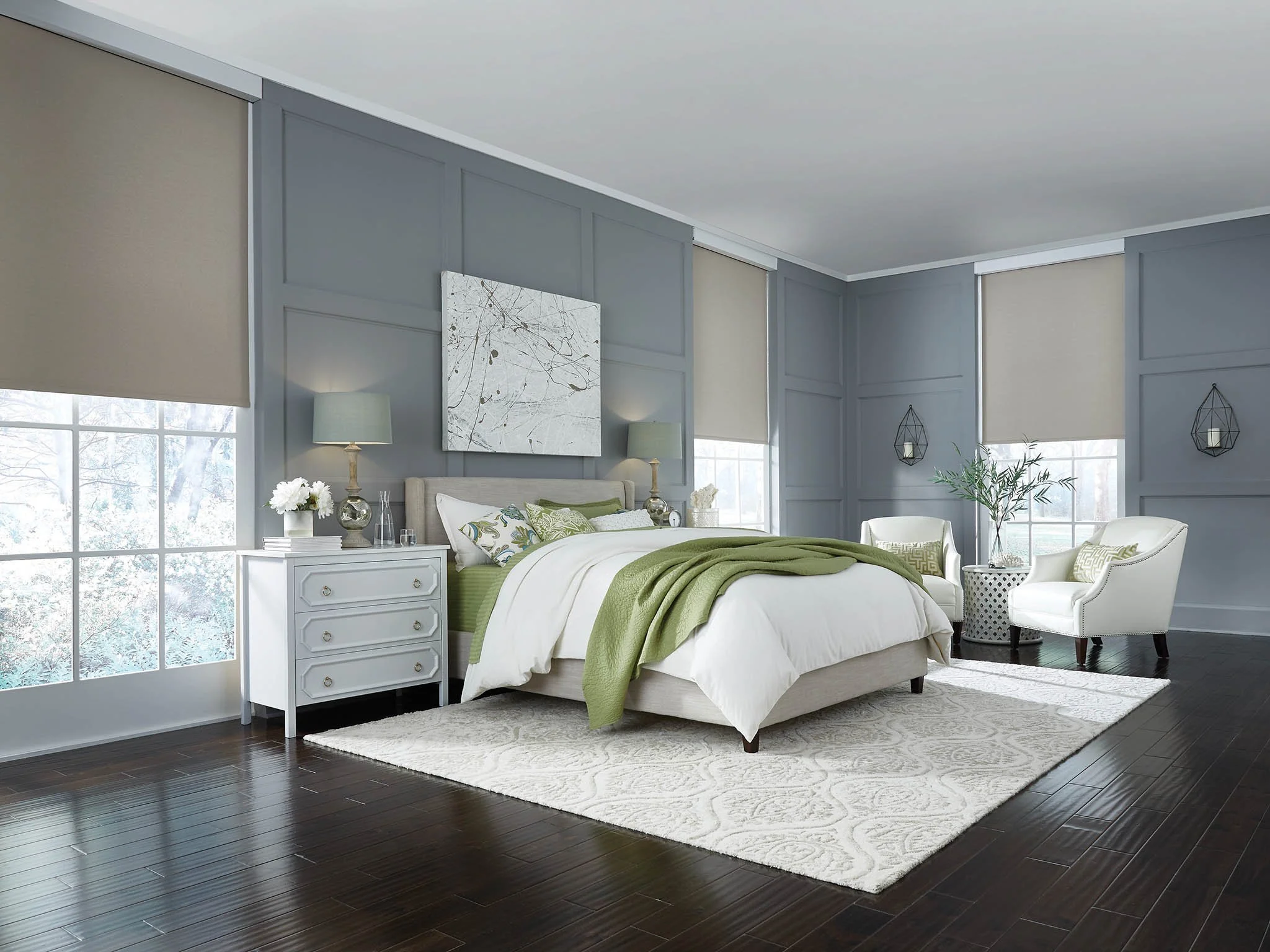 Modern bedroom with custom roller window shades installed by Smart Shade Studio, featuring Clara Shades and Lutron light-filtering smart shades for privacy, comfort, and energy efficiency.