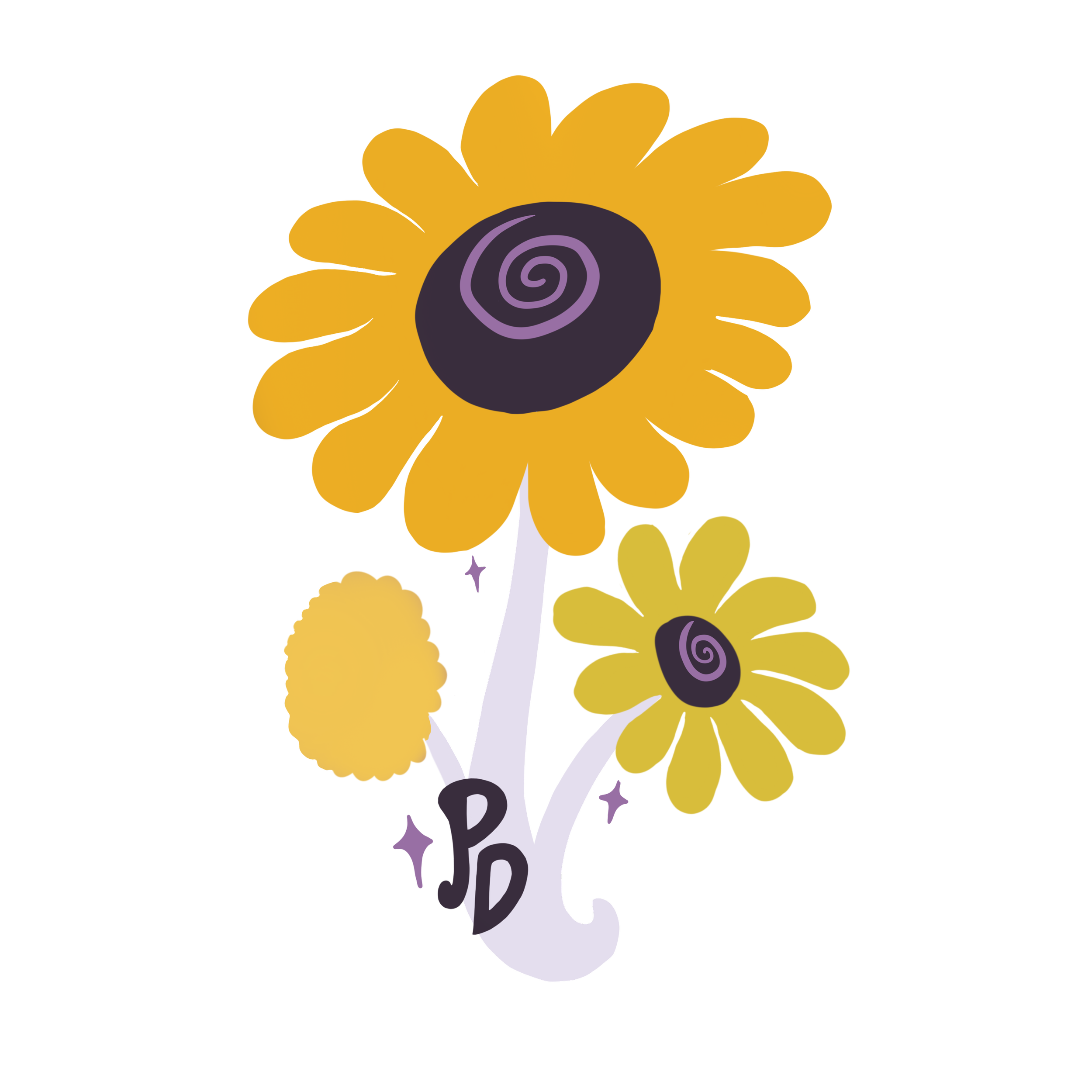 Three Black-Eyed Susan flowers with the letters "PD" in graphic text, an acronym for Project Dignity.