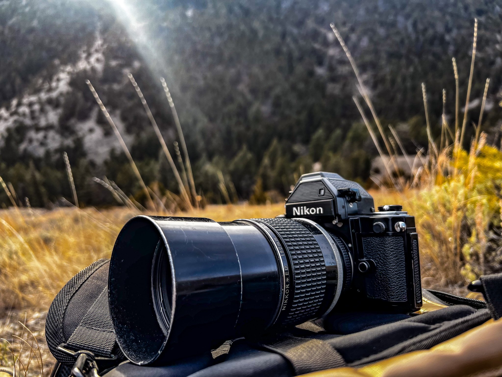 Nikon camera with a telephoto lens resting on a bag outdoors in a grassy field with mountains in the background.