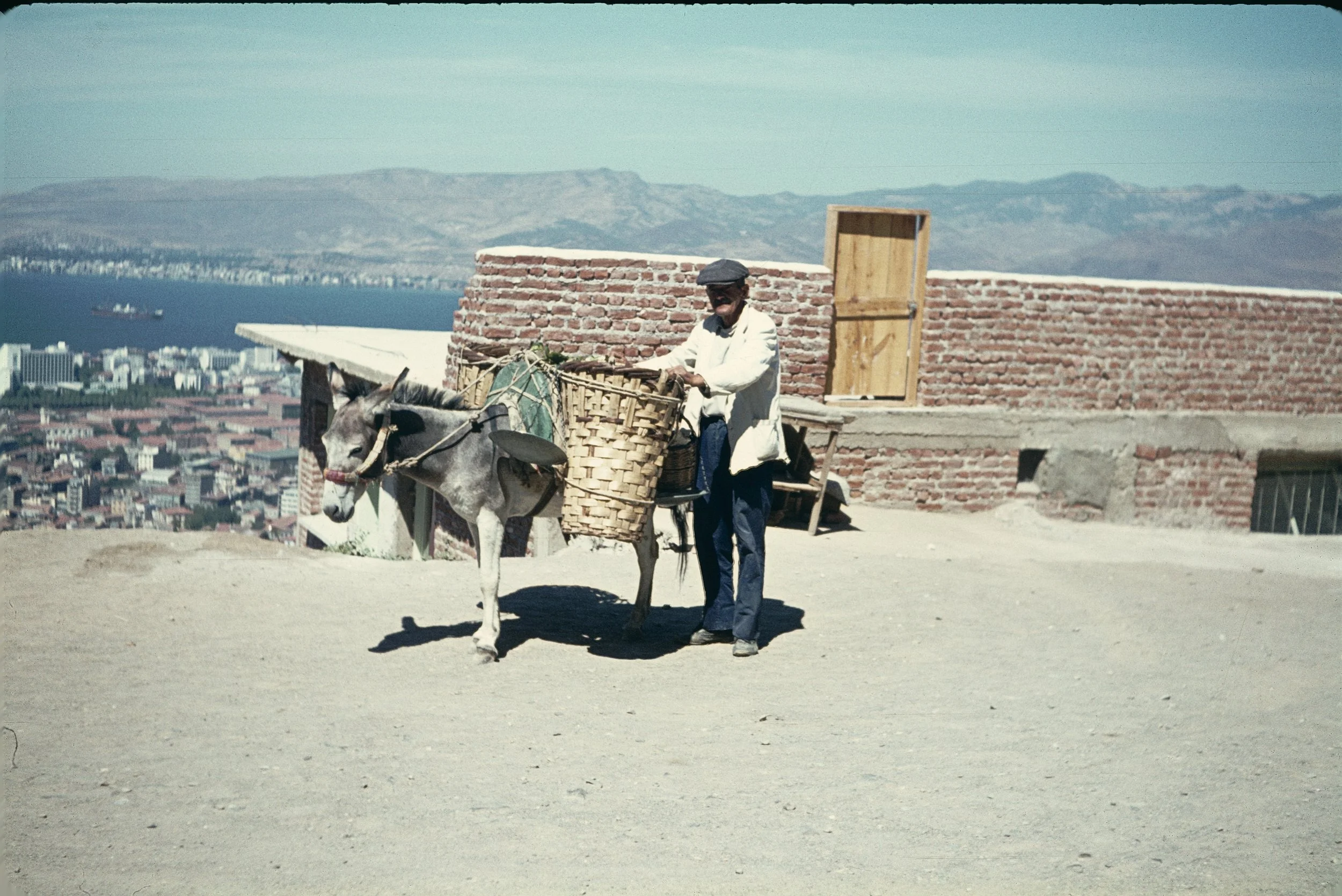 A man standing on a dirt street with a donkey. The donkey is carrying a large basket. The man is wearing a hat, sunglasses, and a white coat. In the background, buildings and a body of water with mountains are visible, under a clear blue sky.