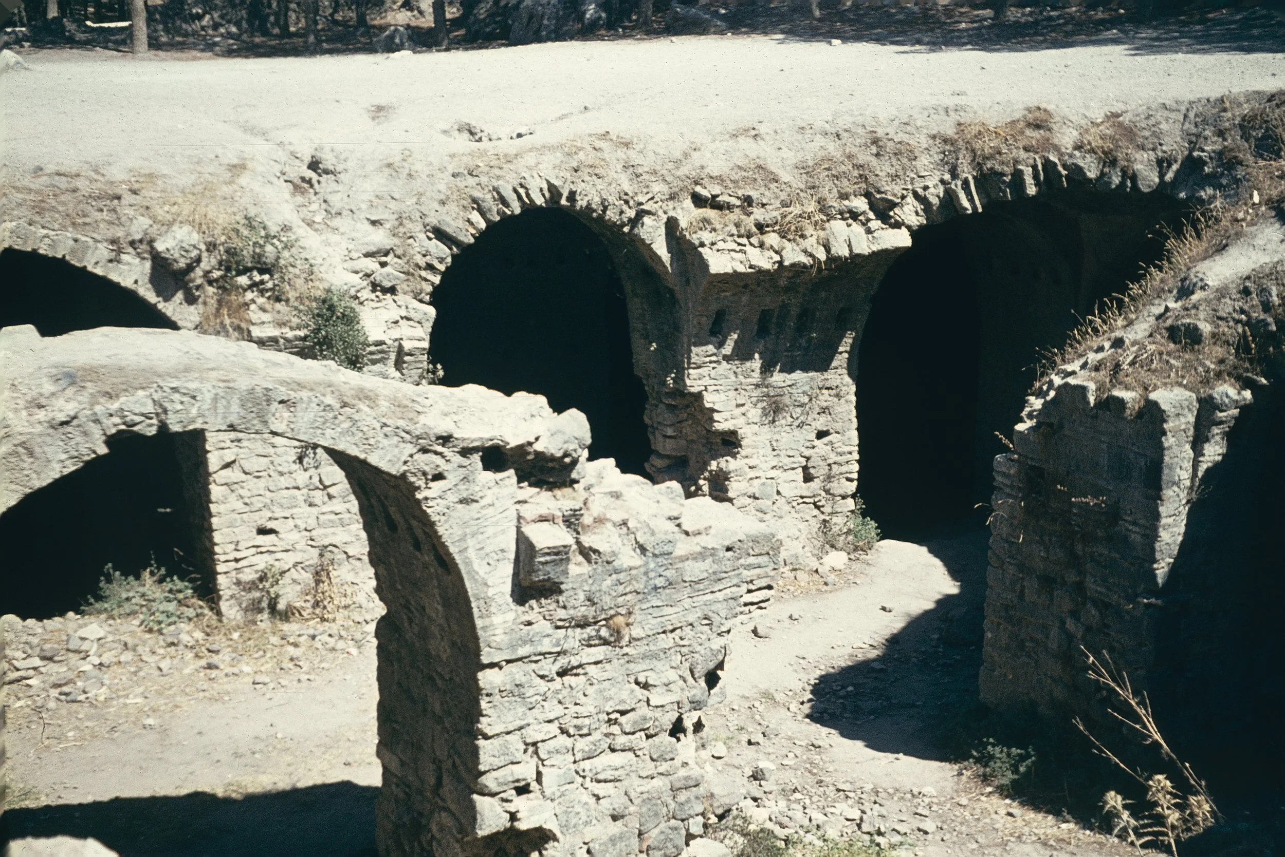 An old stone bridge with two arches over a dry area, with some small plants growing around. The scene appears to be in a desert or arid environment.