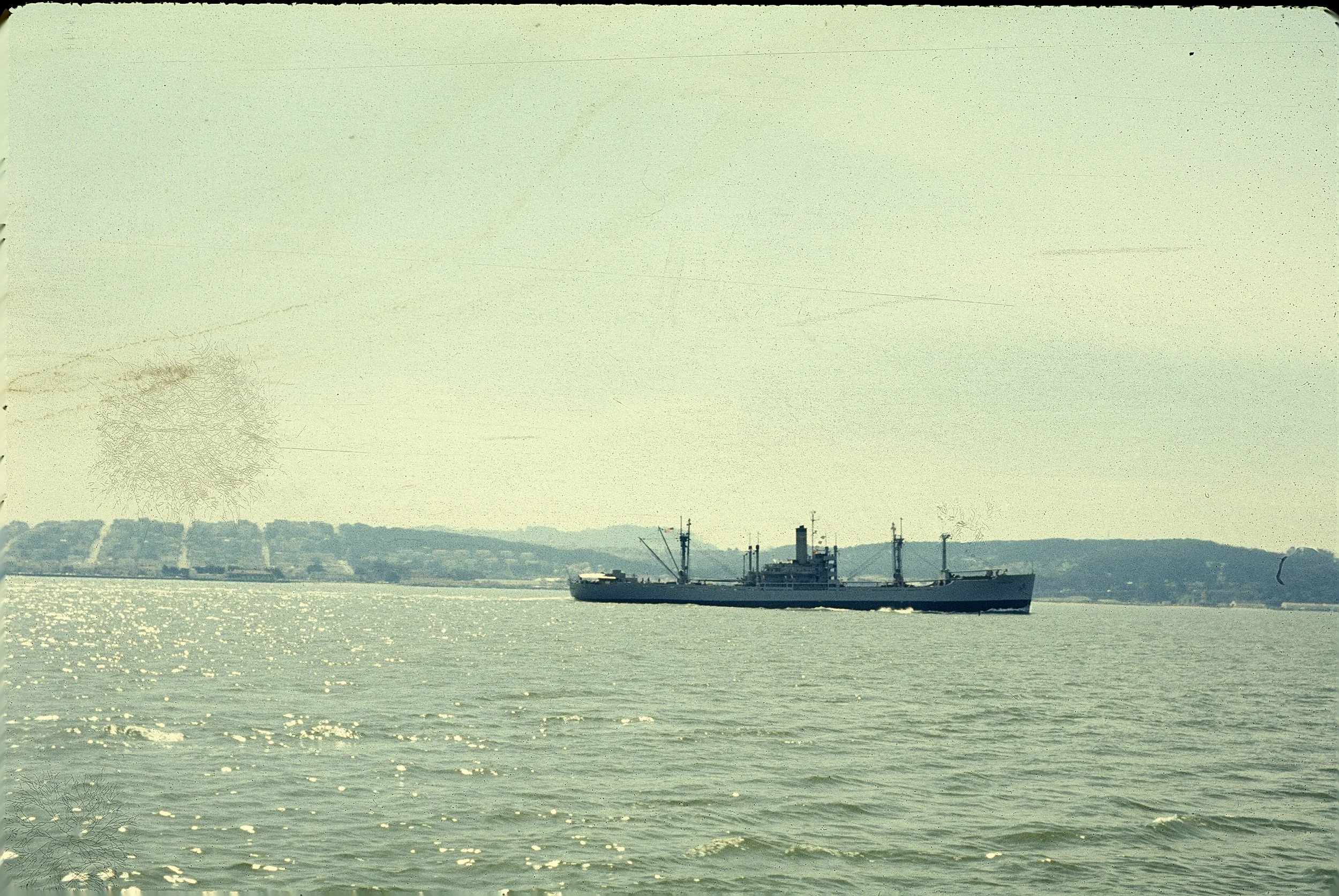 A large cargo ship sailing on calm water with a hilly coastline in the background, sunlight reflecting off the water's surface.
