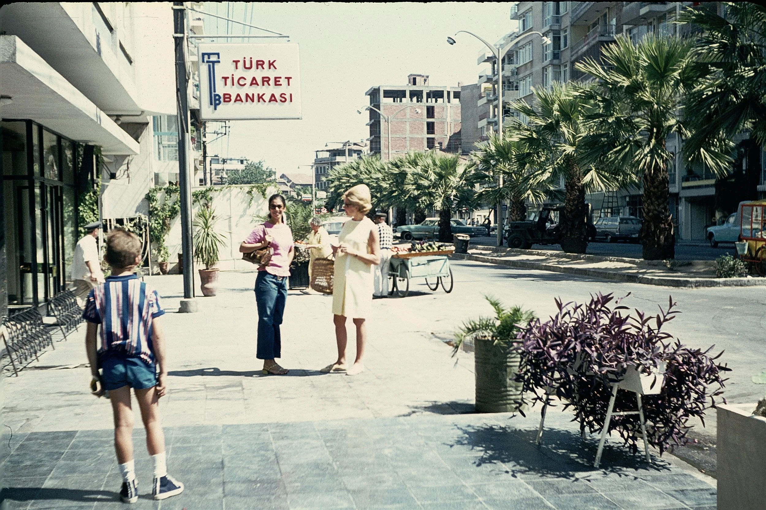Street scene with people walking and talking on a sunny day, trees lining the sidewalk, apartment buildings, and a bank sign in the background.