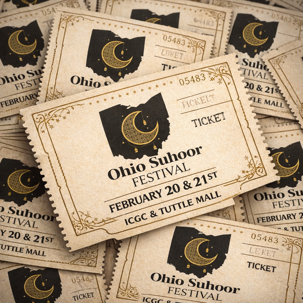 Collection of Ohio Suhoor Festival tickets featuring a black map of Ohio with a gold crescent moon and lanterns, event date February 20 and 21 at ICGC & Tuttle Mall.