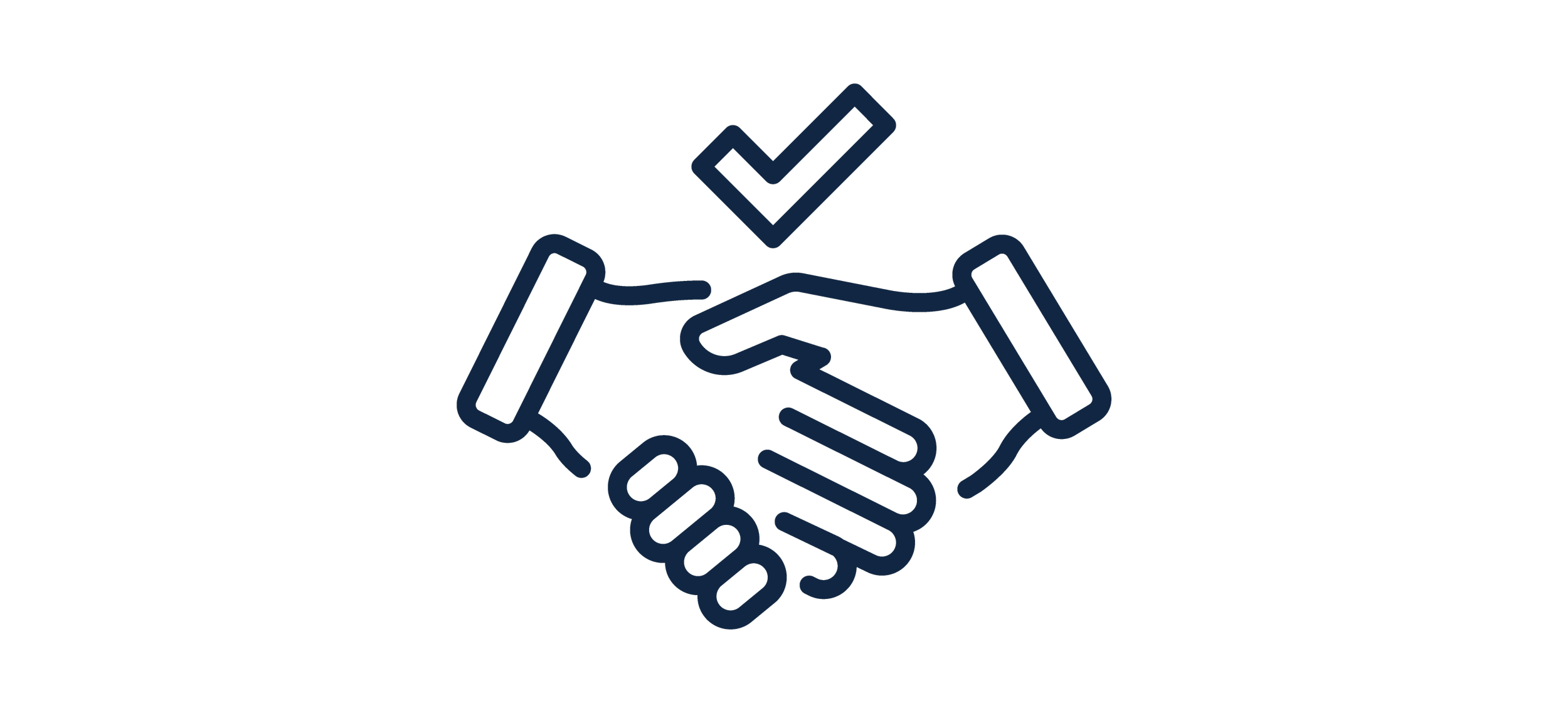 Icon of two hands shaking with a checkmark above, representing agreement or partnership.