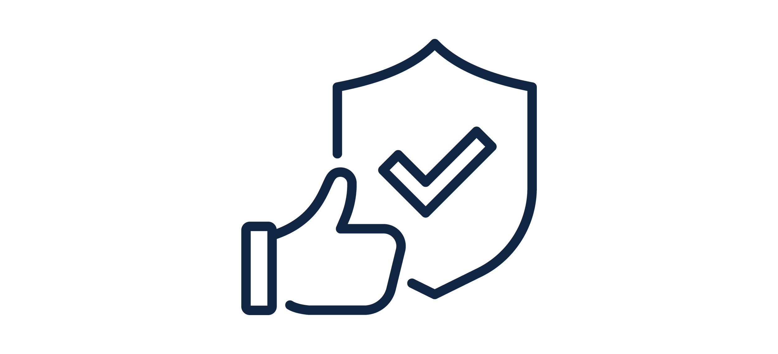 Outline icon of a hand holding a shield with a check mark, representing security or protection.
