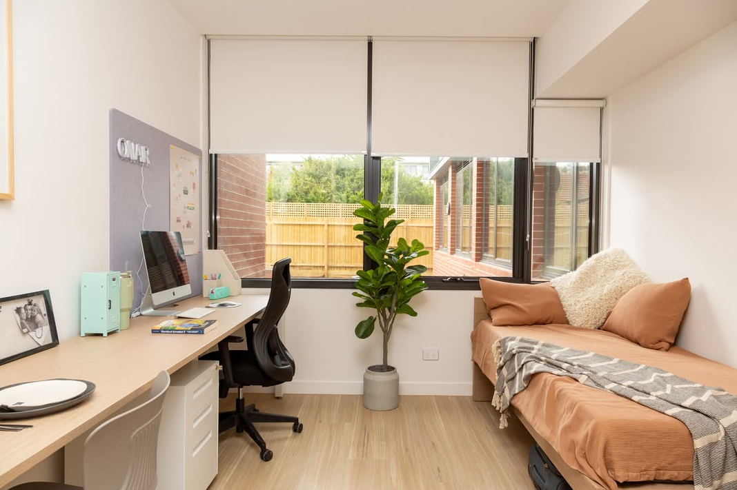 A bright office with a large window, a desk with a computer and office supplies, a black office chair, a potted plant, and a daybed with pillows and a blanket.