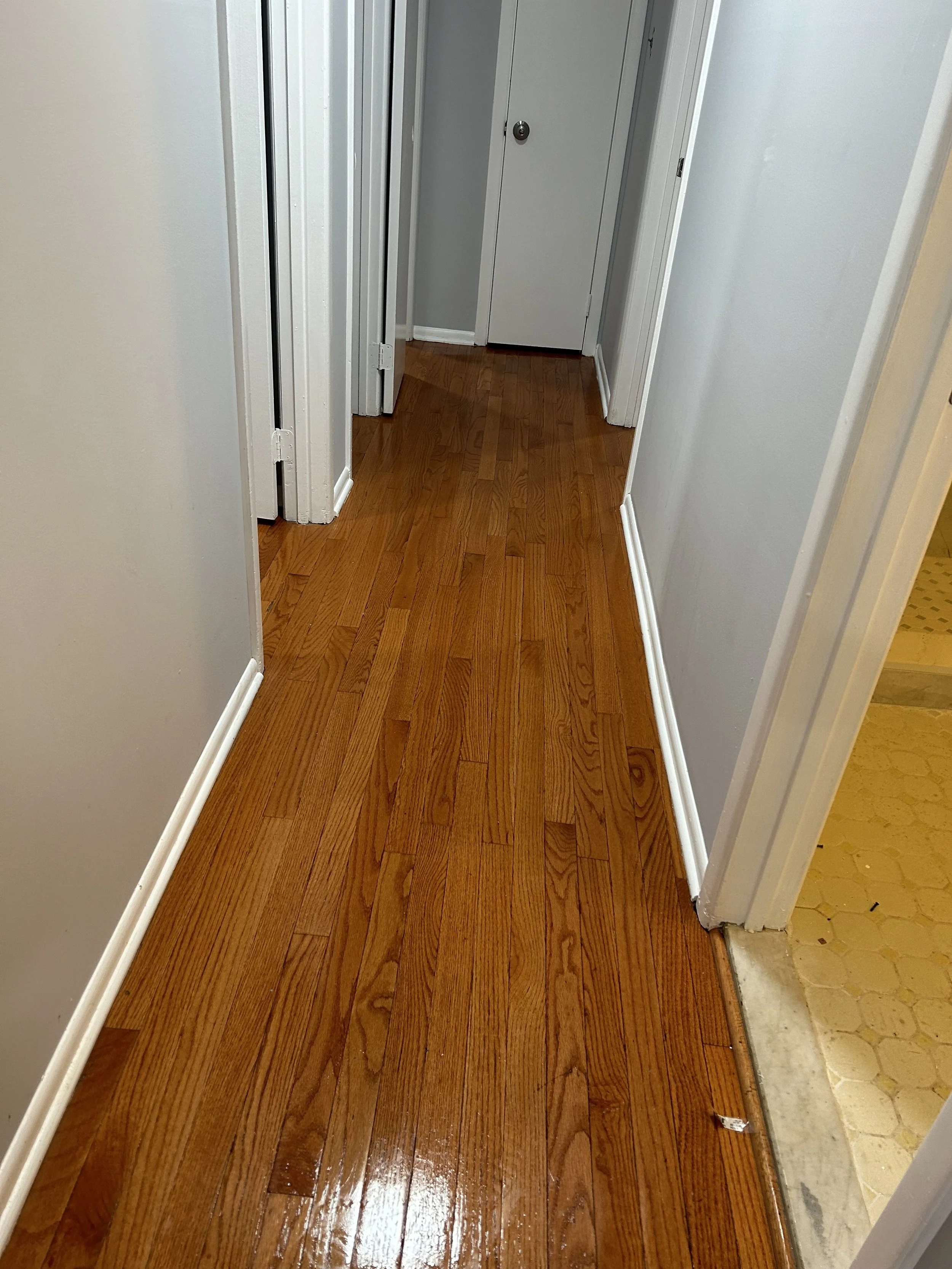 A hallway with polished hardwood flooring, white walls, white baseboards, and doors leading to other rooms. One doorway on the left has partially visible closet doors, and there's a closed door at the end of the hallway.