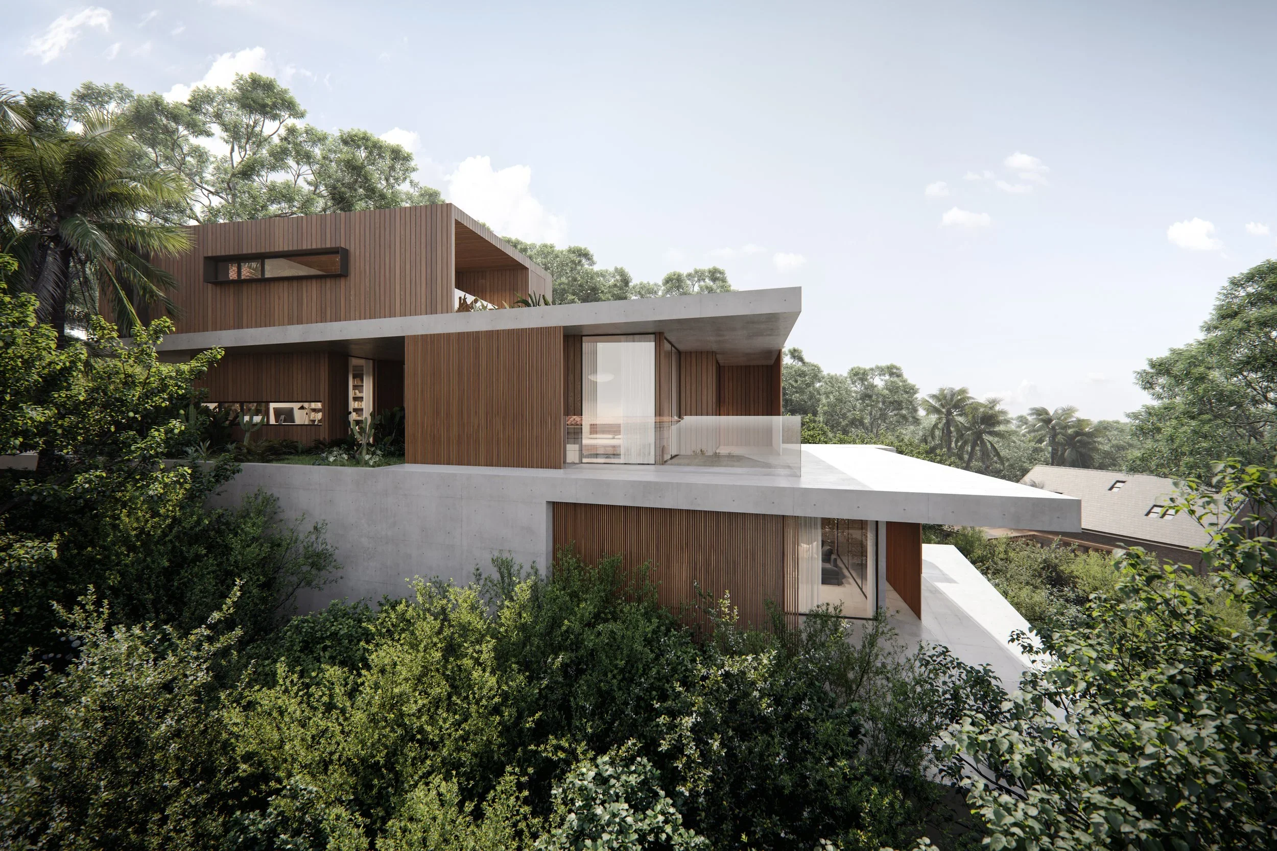 Modern multi-story house with wooden and concrete exterior, surrounded by trees and greenery, under a partly cloudy sky.