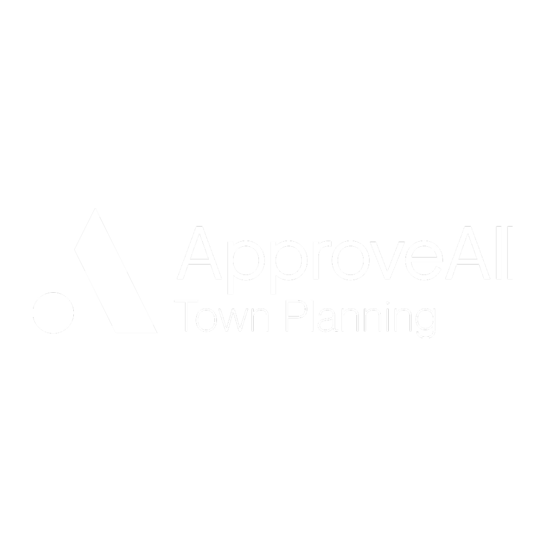 Black background with white logo and text for Approval All Town Planning, featuring a stylized 'A' and dot.