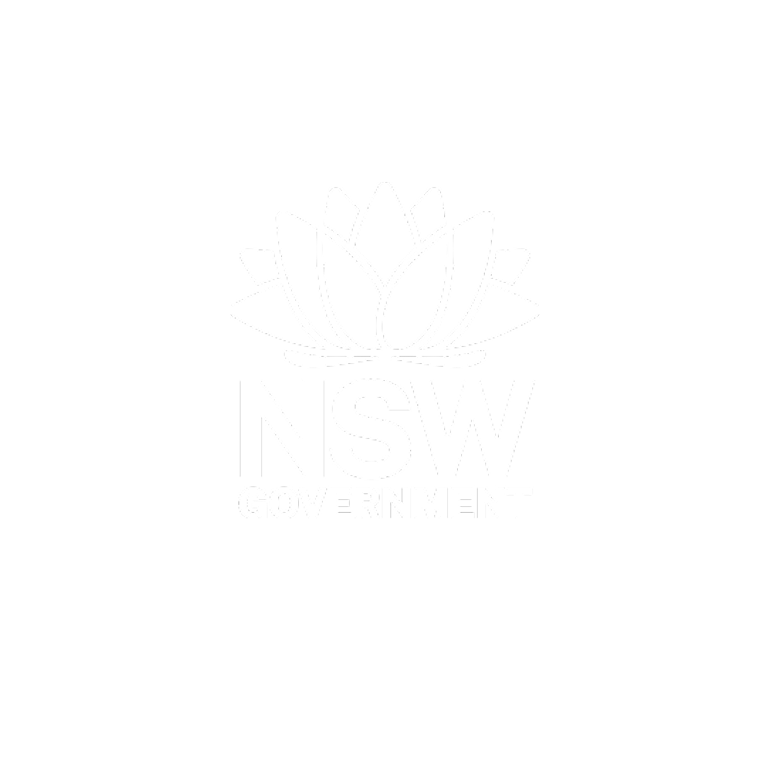 Black background with white logo featuring a stylized lotus flower and the text 'NSW Government' underneath.