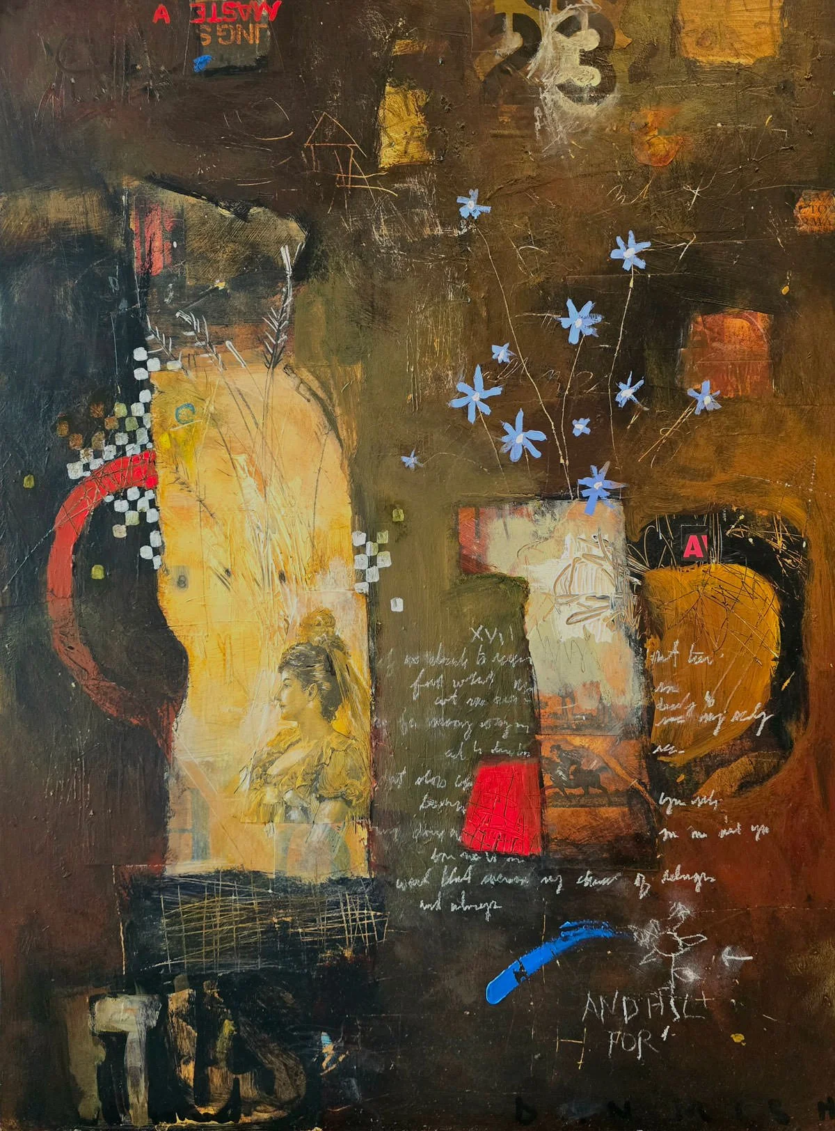 Abstract painting featuring a profile of a woman with styled hair, surrounded by blue flowers, handwritten text, and various geometric and textured elements in red, yellow, white, and brown tones.