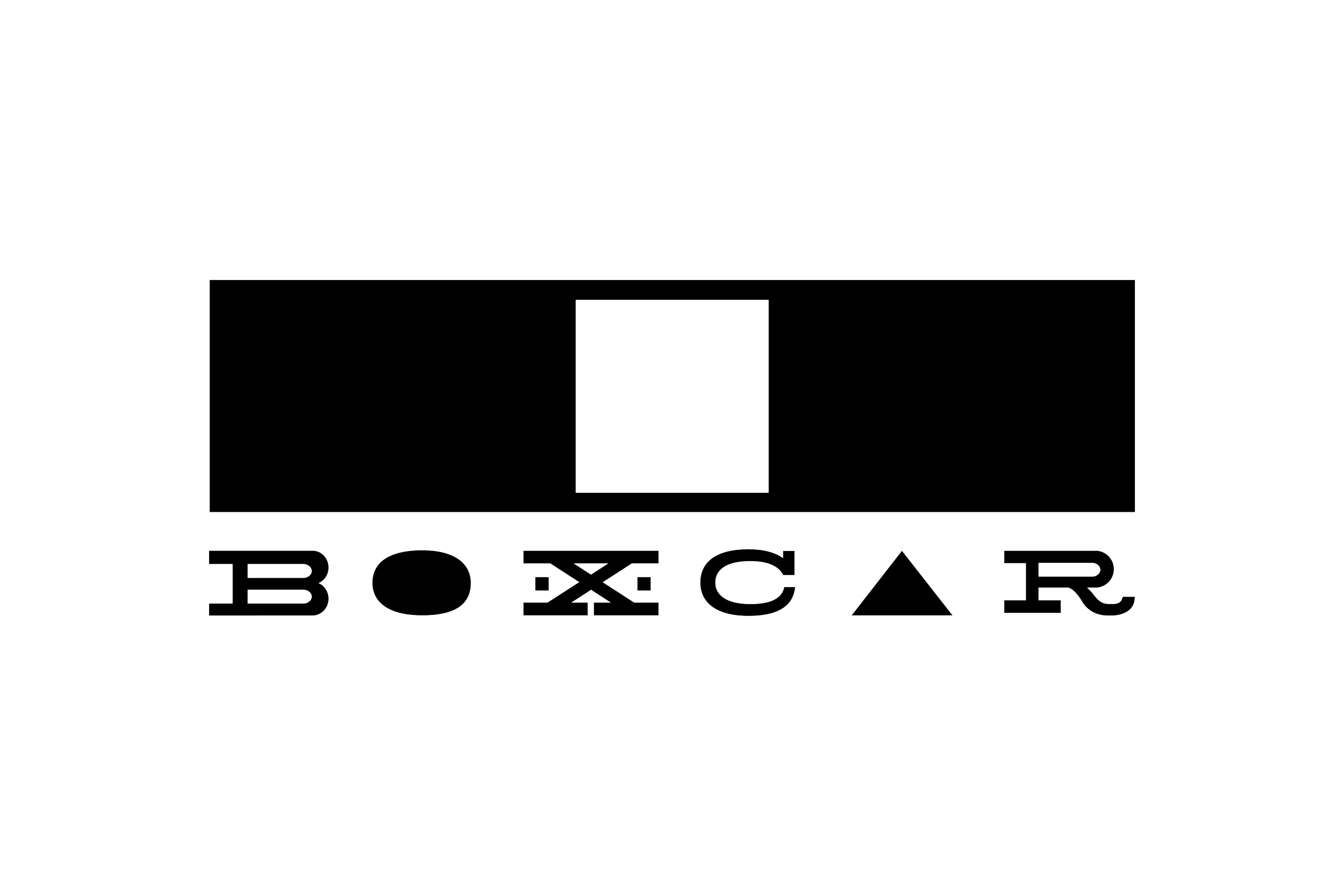 An outline of a railroad boxcar with 'BOXCAR' written below, featuring stylized letters and geometric shapes.