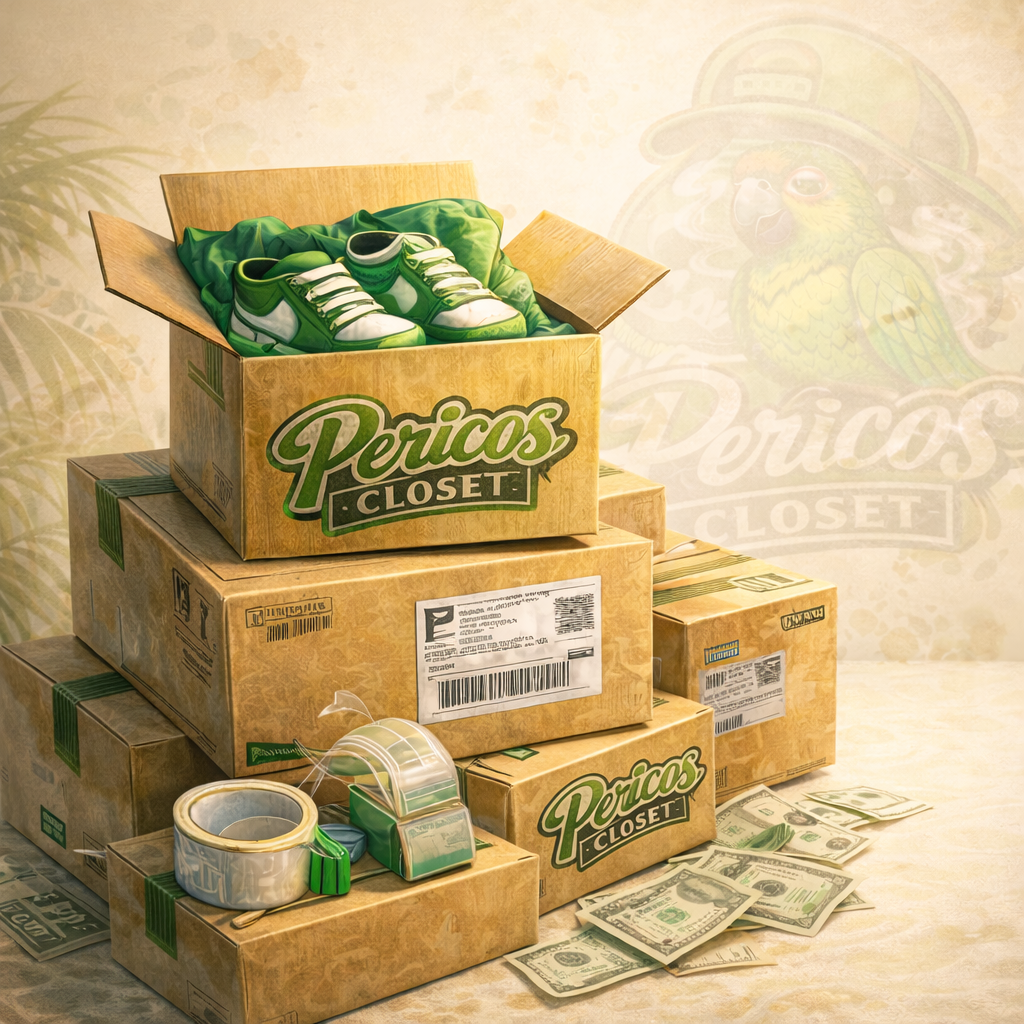Stack of boxes labeled "Pericos Closet" with a pair of green and white sneakers on top, some cash, packing tape, and tape dispenser in front, and a blurred Parrot mascot logo in the background.