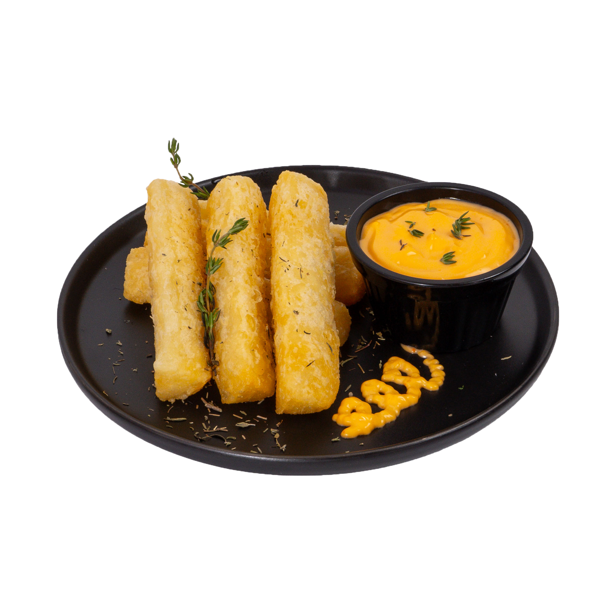 Cassava sticks with rice sauce and spices on a black plate