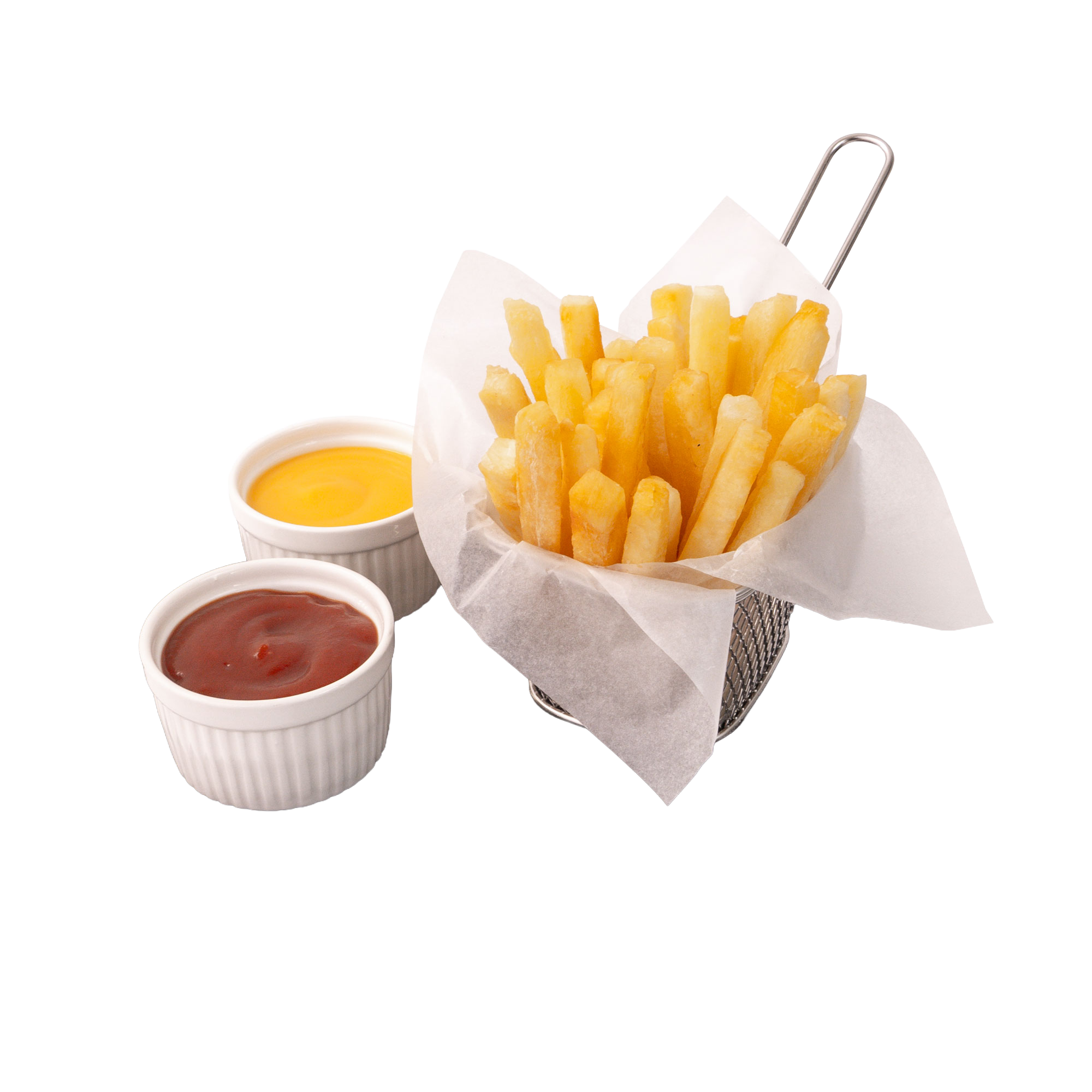 Cassava sticks with dipping sauces in a white basket