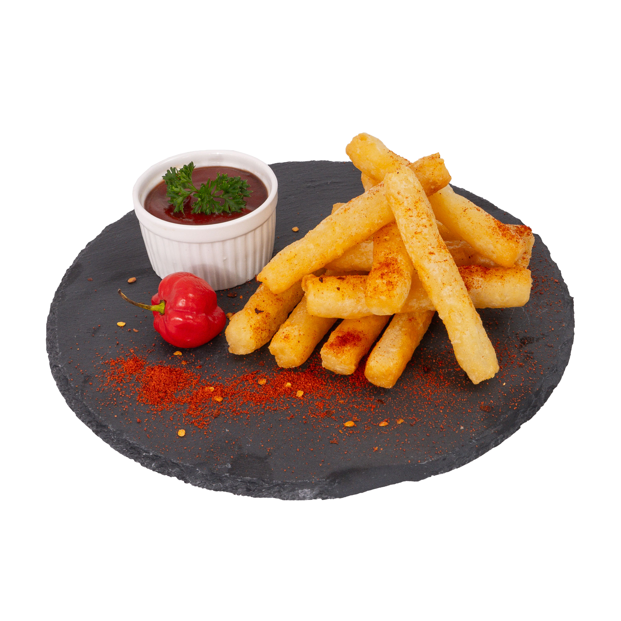 Cassava fries with tomato sauce on a slate plate