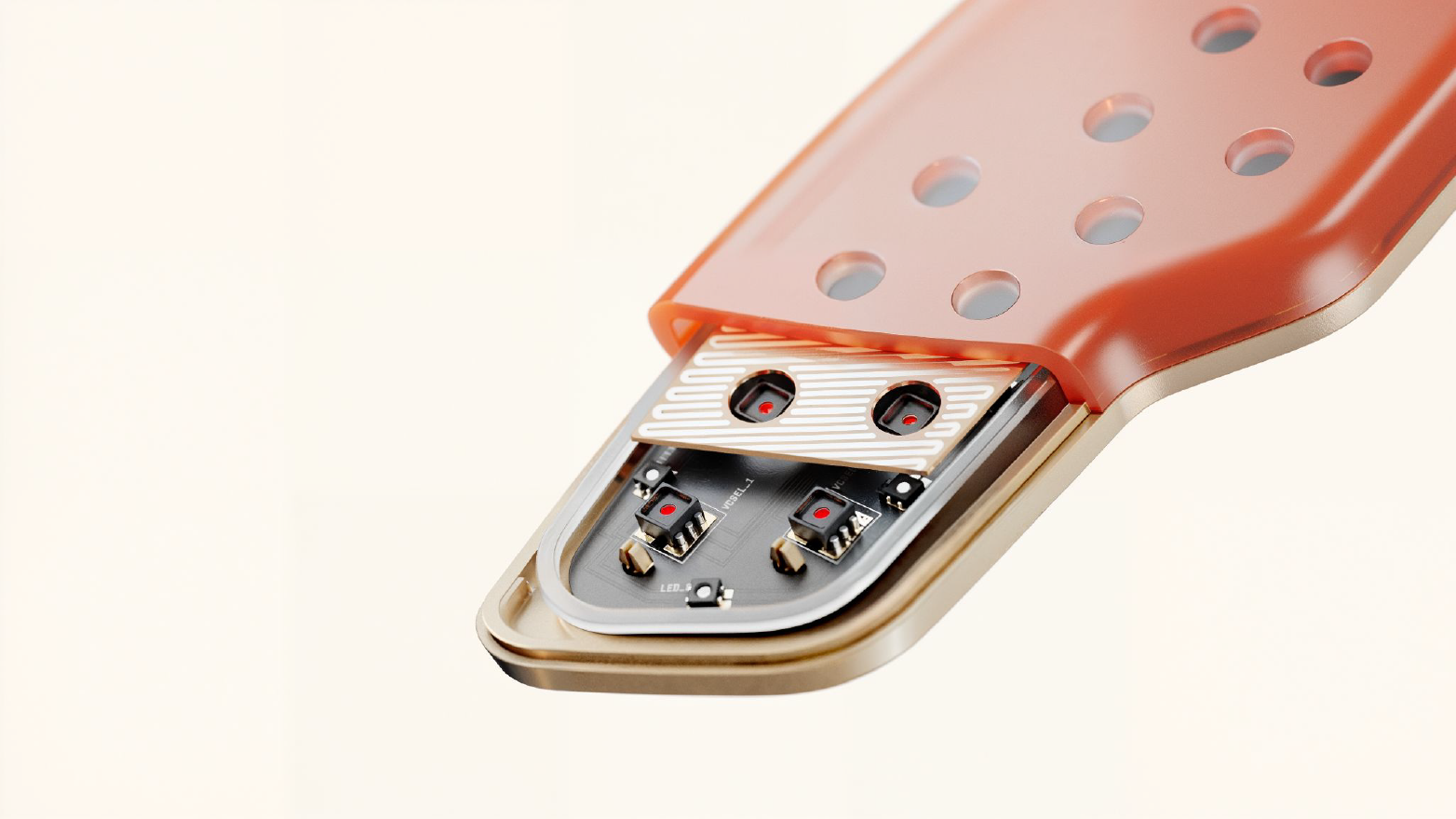 Cut through diagram of unclench low level laser therapy and heat therapy for the management of bruxism, jaw pain, teeth grinding, and jaw tension