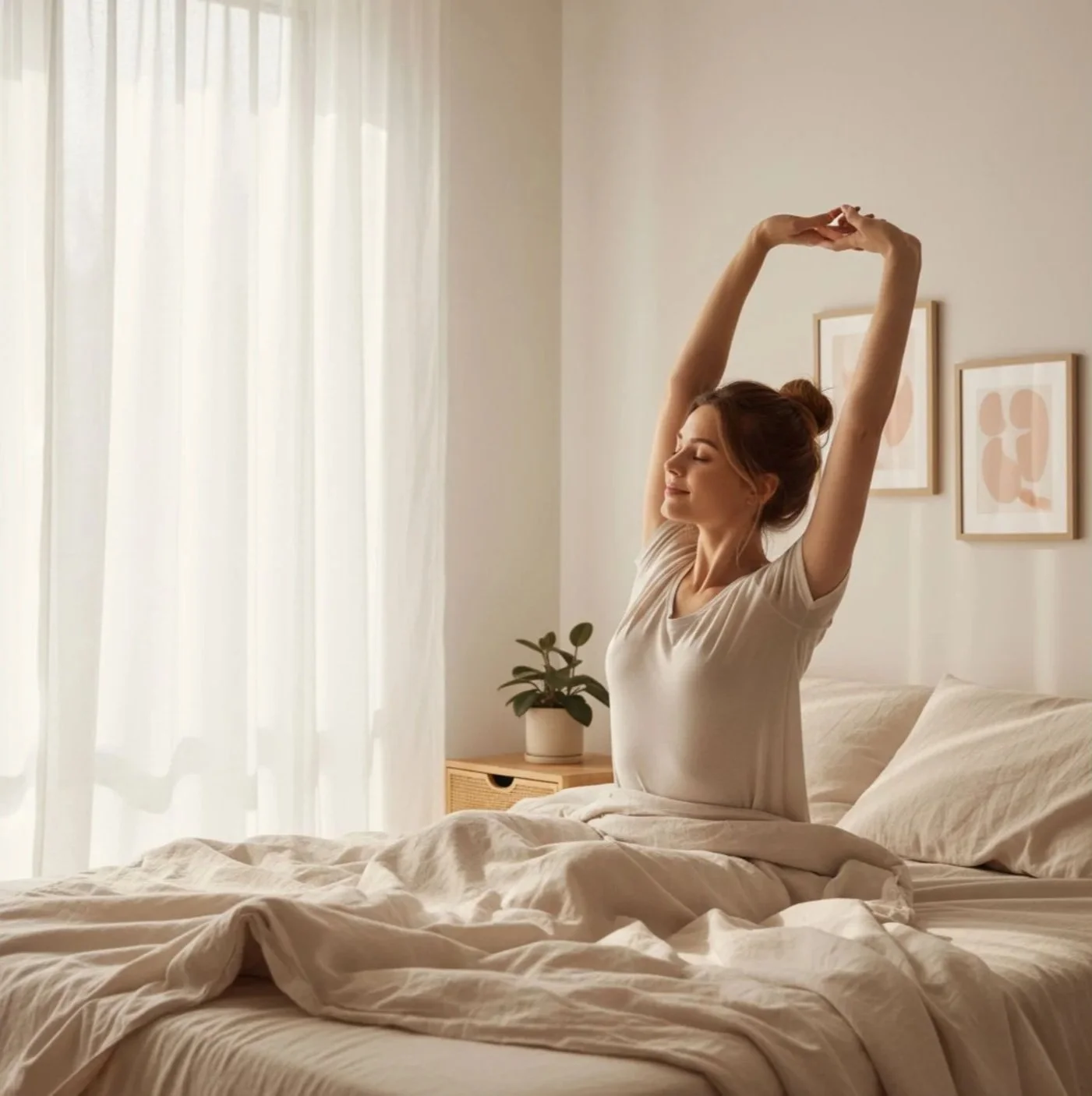 Female waking up with relief from using Unclench to relief her TMD pain, bruxism, jaw grinding, jaw clenching and jaw tension