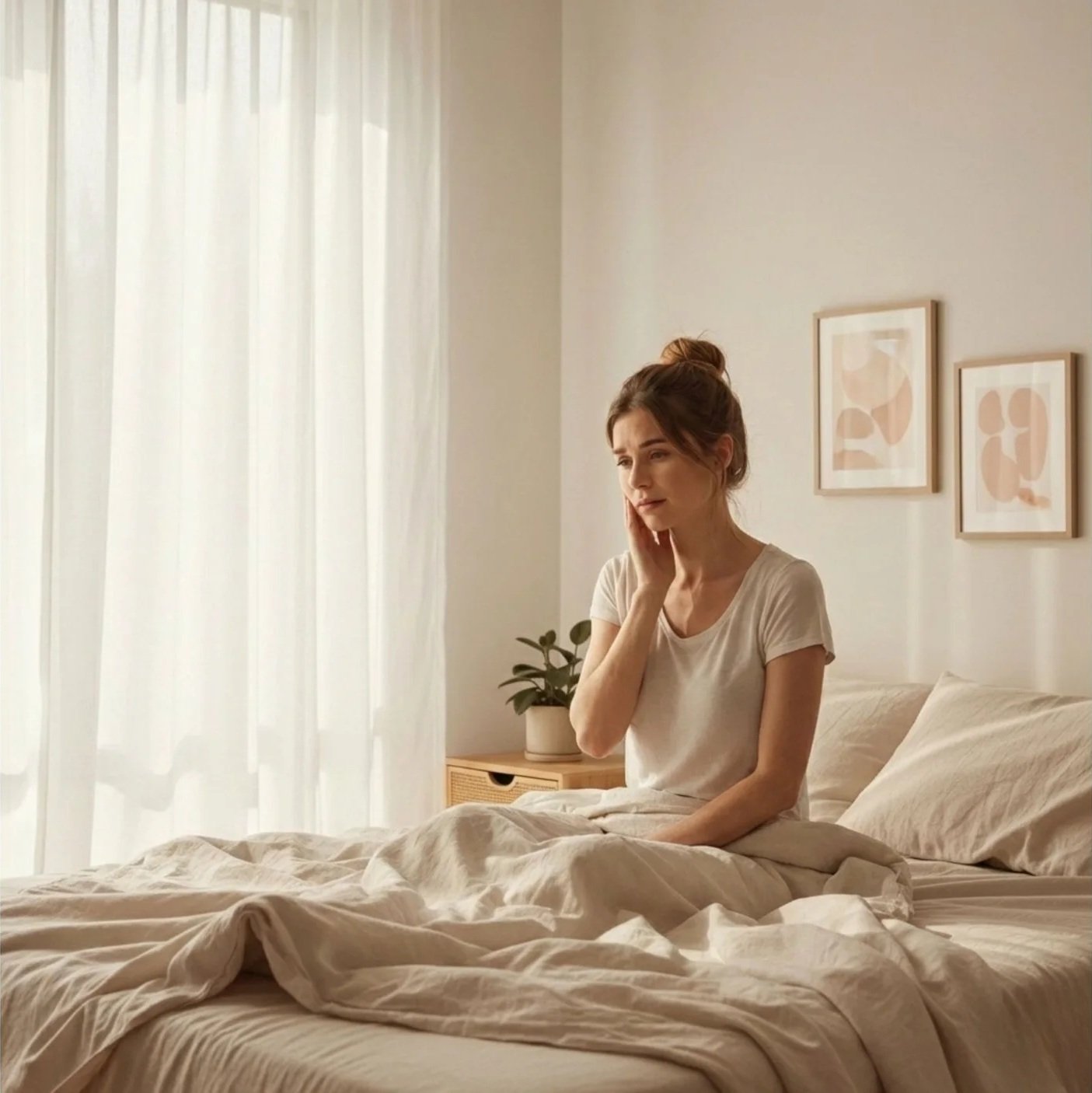 Woman in bed holding her jaw in pain. Suffering from Bruxism, Jaw Clenching and TMD she looks for a solution for her pain.