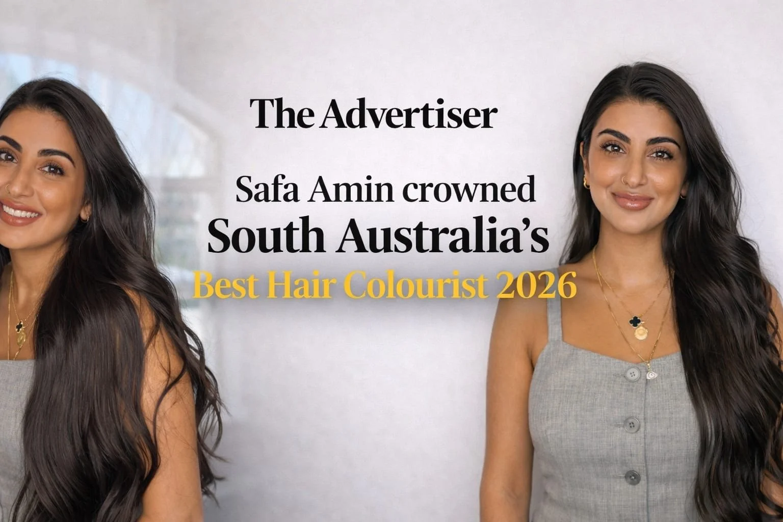 Two women with long dark hair smiling, standing in front of a light gray background with text about the Best Hair Colourist 2026 award in South Australia.