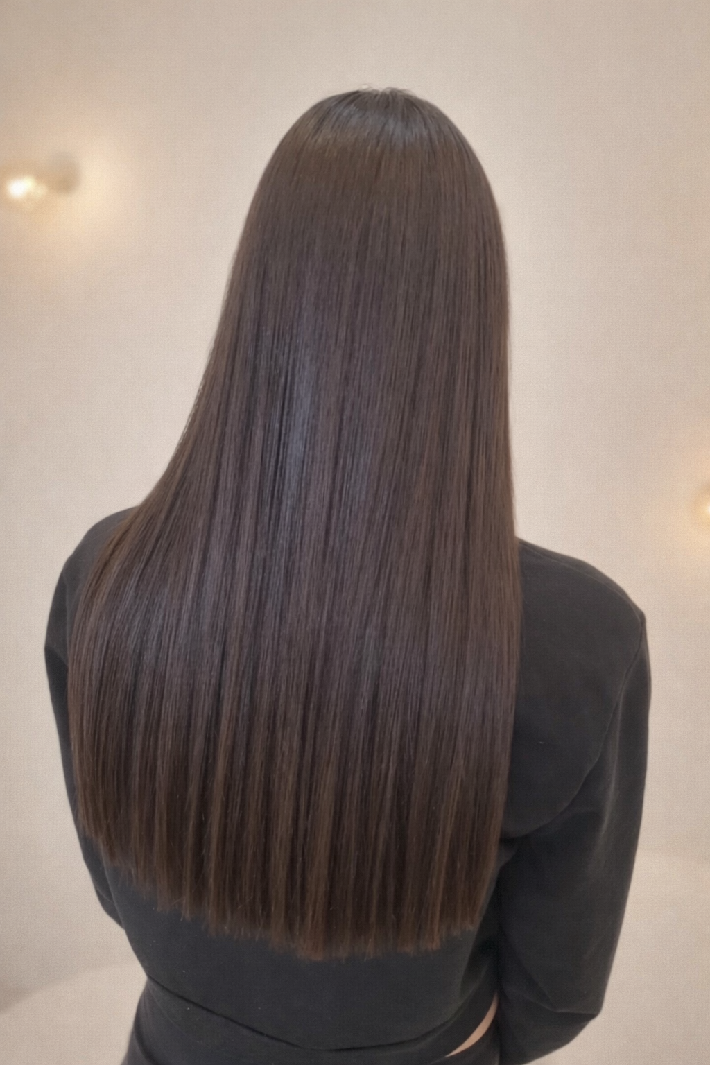 A woman with long, straight, shiny brown hair, seen from the back.