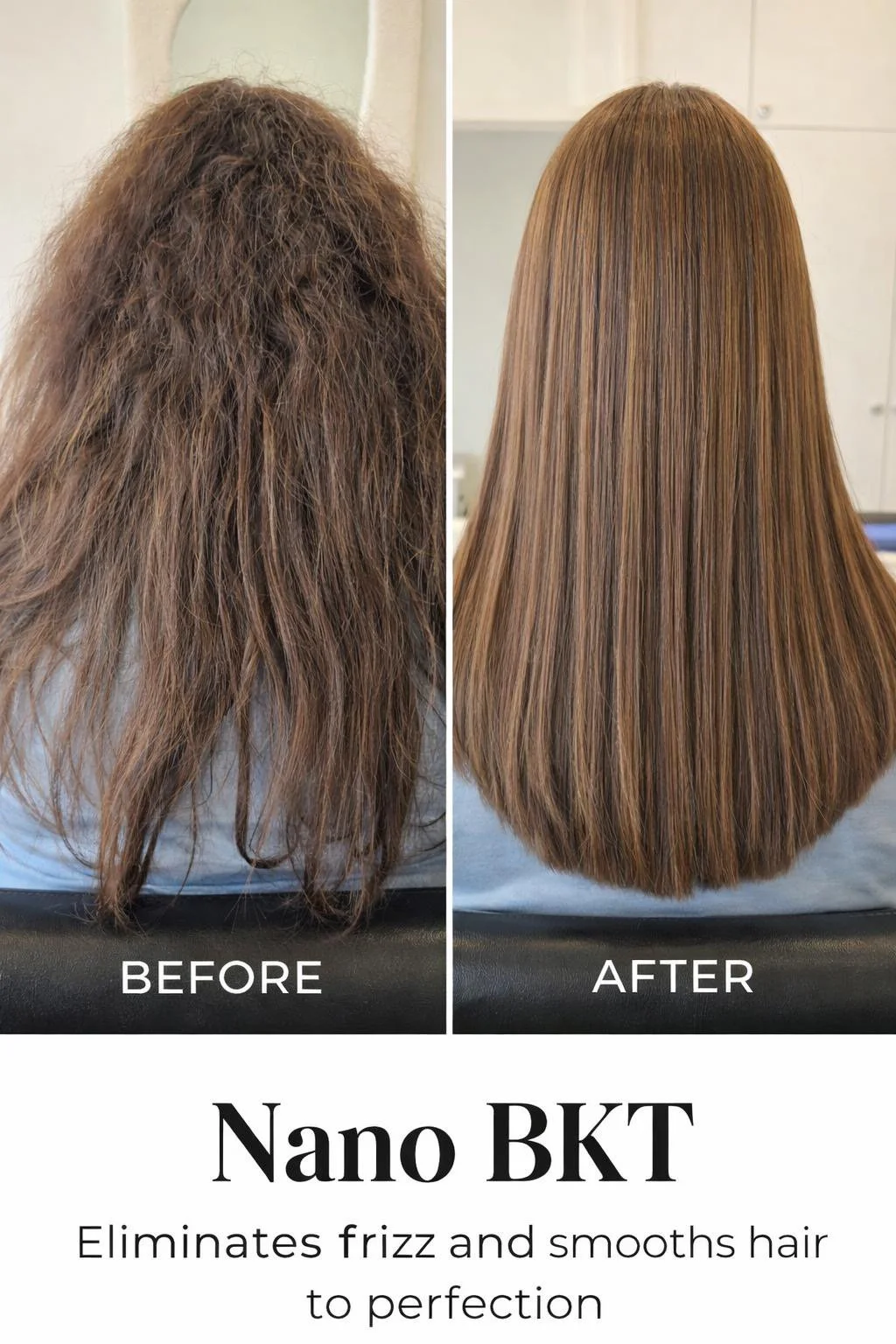 Side-by-side comparison of a woman's hair before and after using Nano BKT treatment, showing frizzy, curly hair on the left and smooth, straight hair on the right.