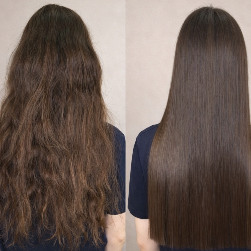 Before and after photos of a woman's hair, showing transformation from long, wavy, frizzy hair to long, straight, smooth hair.