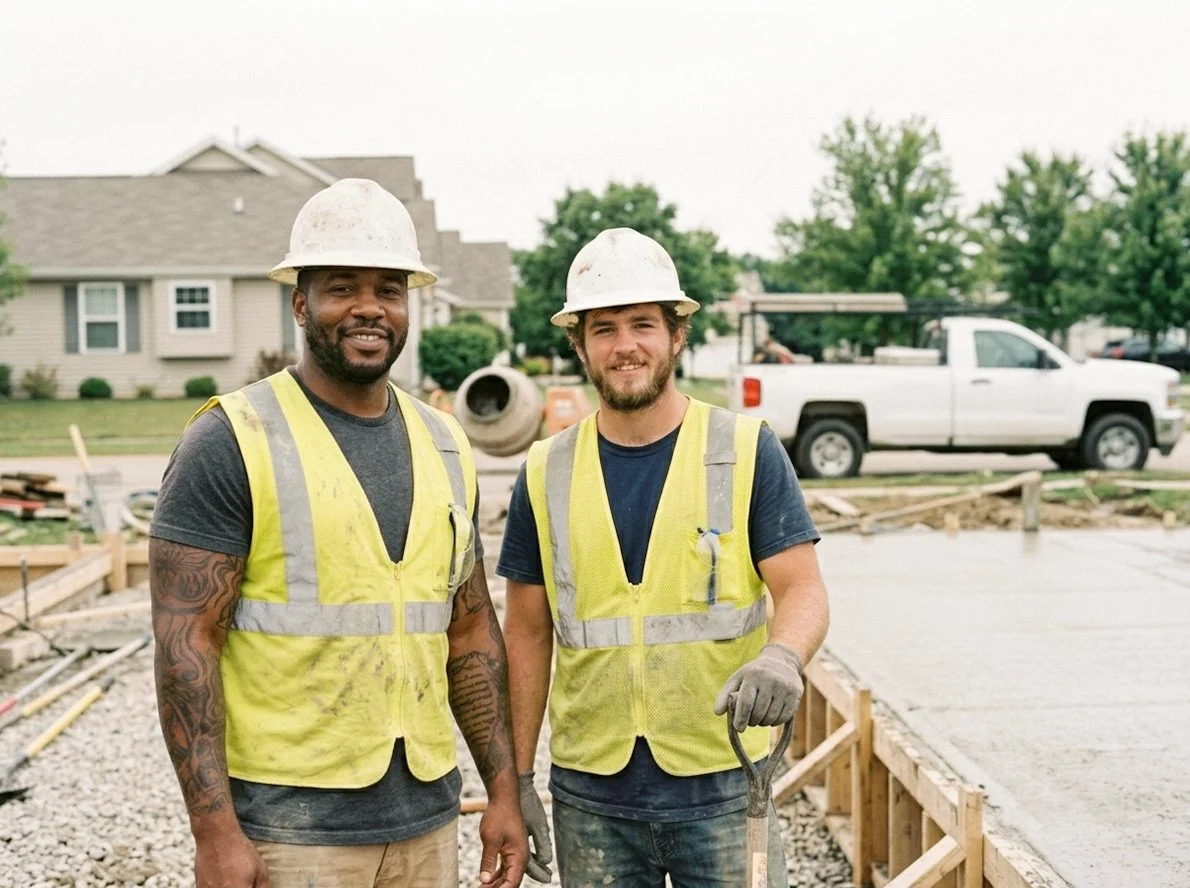 Two construction workers wearing yellow safety vests and white hard hats standing on a construction site with a house and trees in the background.