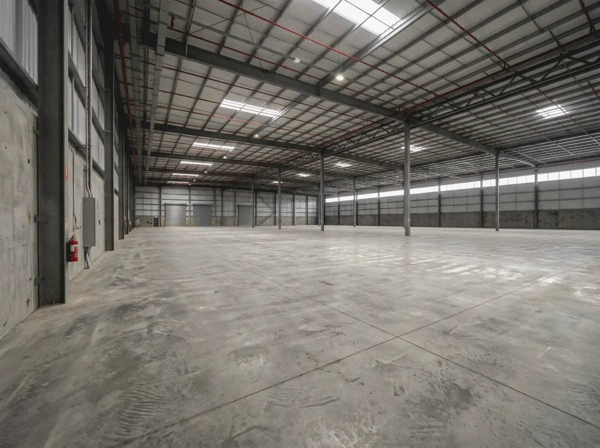 Empty warehouse with concrete floor, metal walls and ceiling, and support beams, illuminated by skylights.