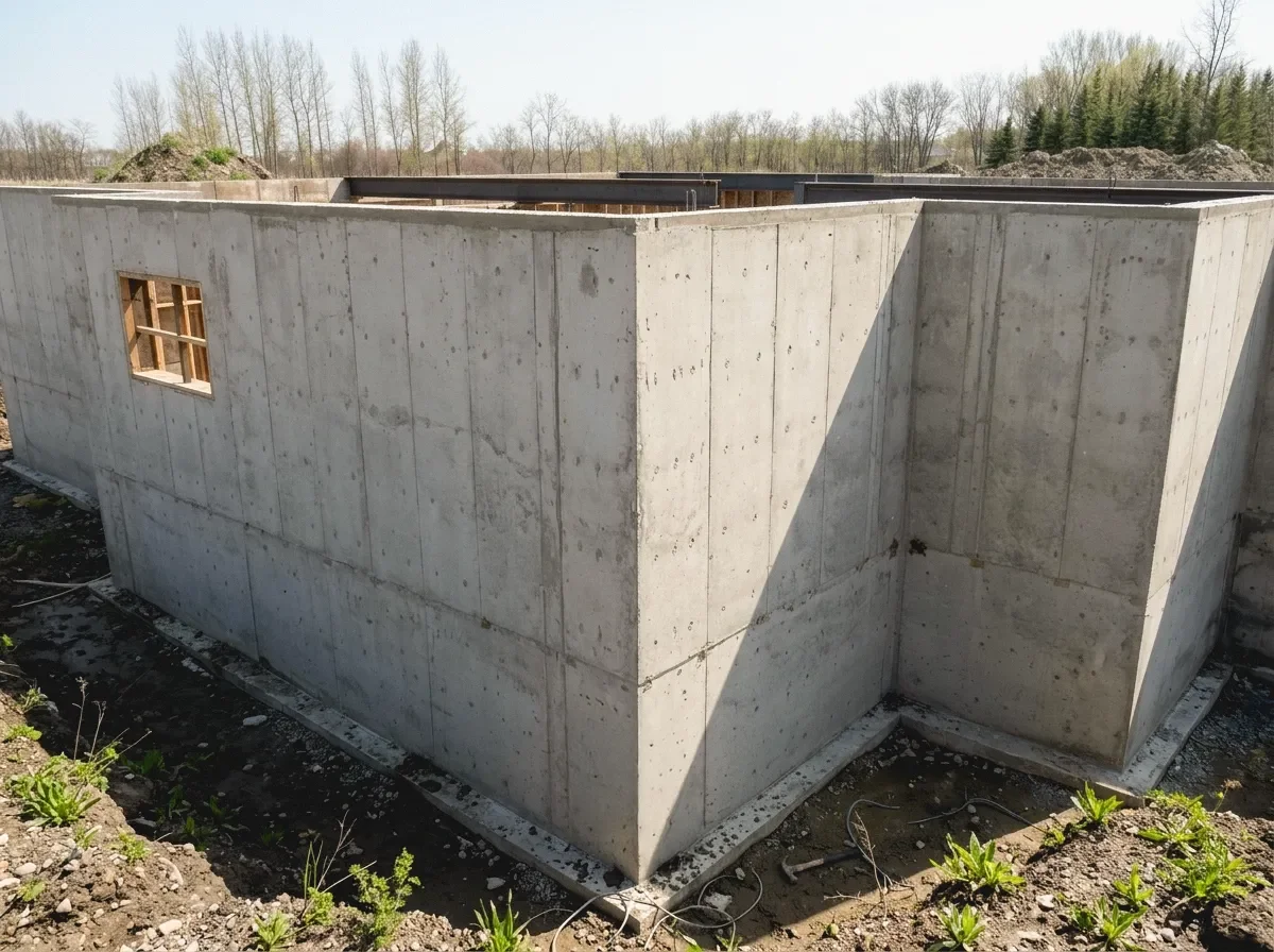 Concrete foundation of a building under construction with a small window opening and a shadow cast on the wall, surrounded by soil and sparse vegetation.