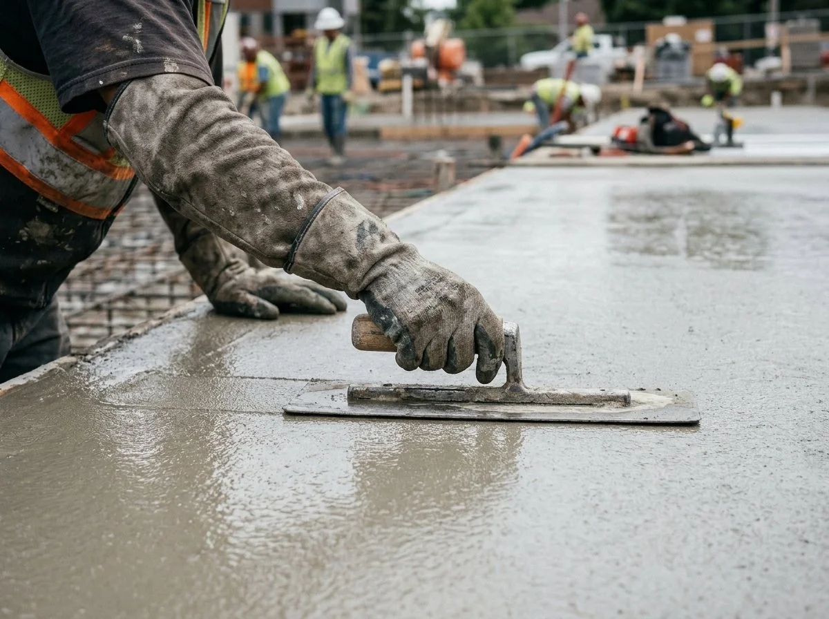 A construction worker using a trowel to smooth wet concrete on a sidewalk, with other workers visible in the background.