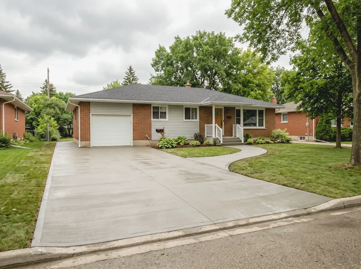 A suburban house with a concrete driveway, small front porch, and well-maintained lawn with trees and bushes.