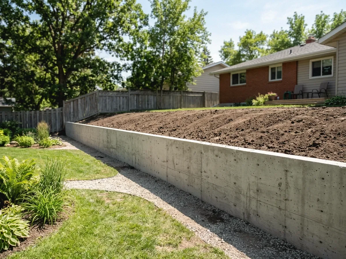 A backyard with a grassy lawn, new garden beds with plants, and an elevated area with soil, bordered by a concrete retaining wall.