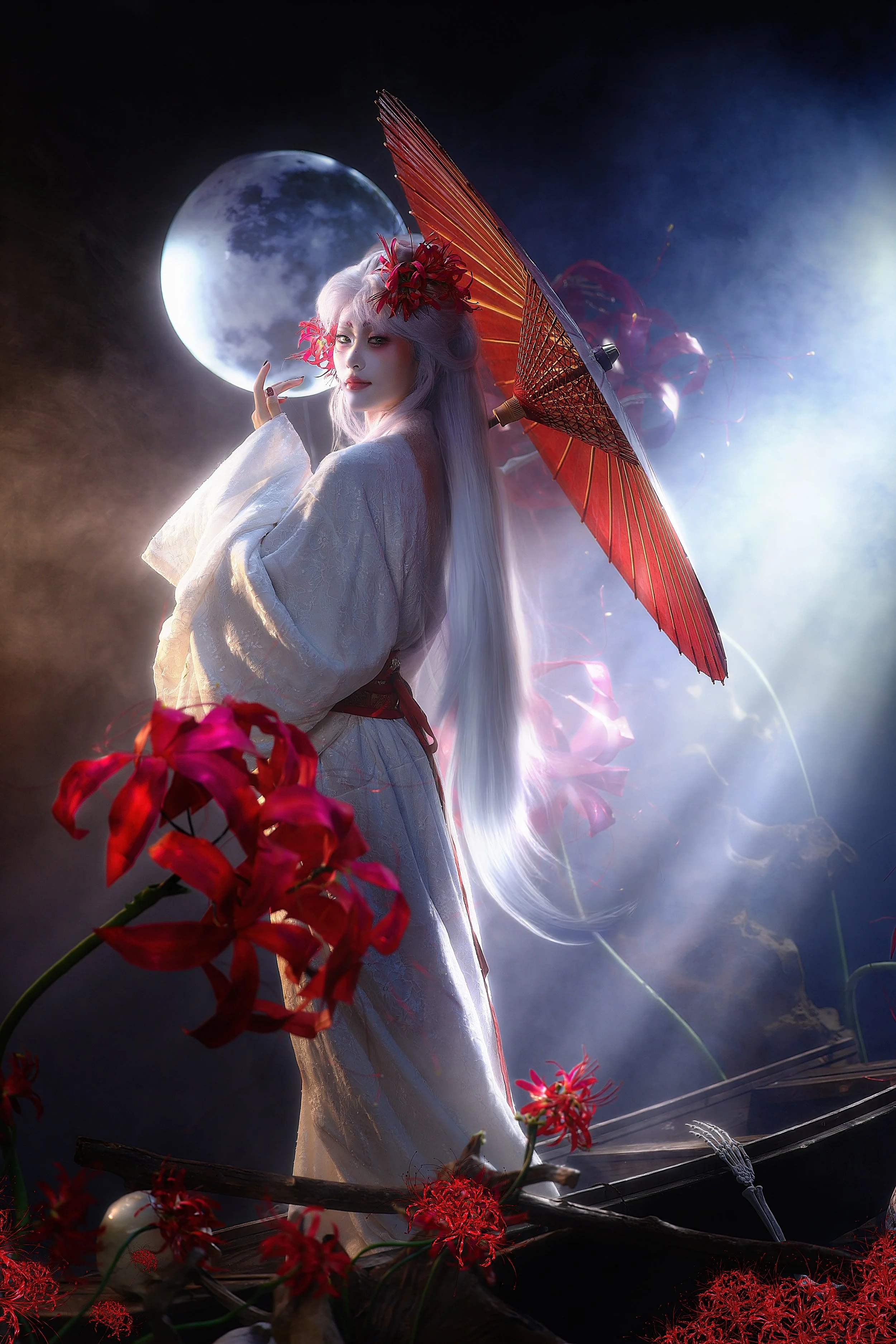 A person dressed in traditional Asian clothing holding a red parasol, with a large full moon in the background and pink flowers surrounding them.