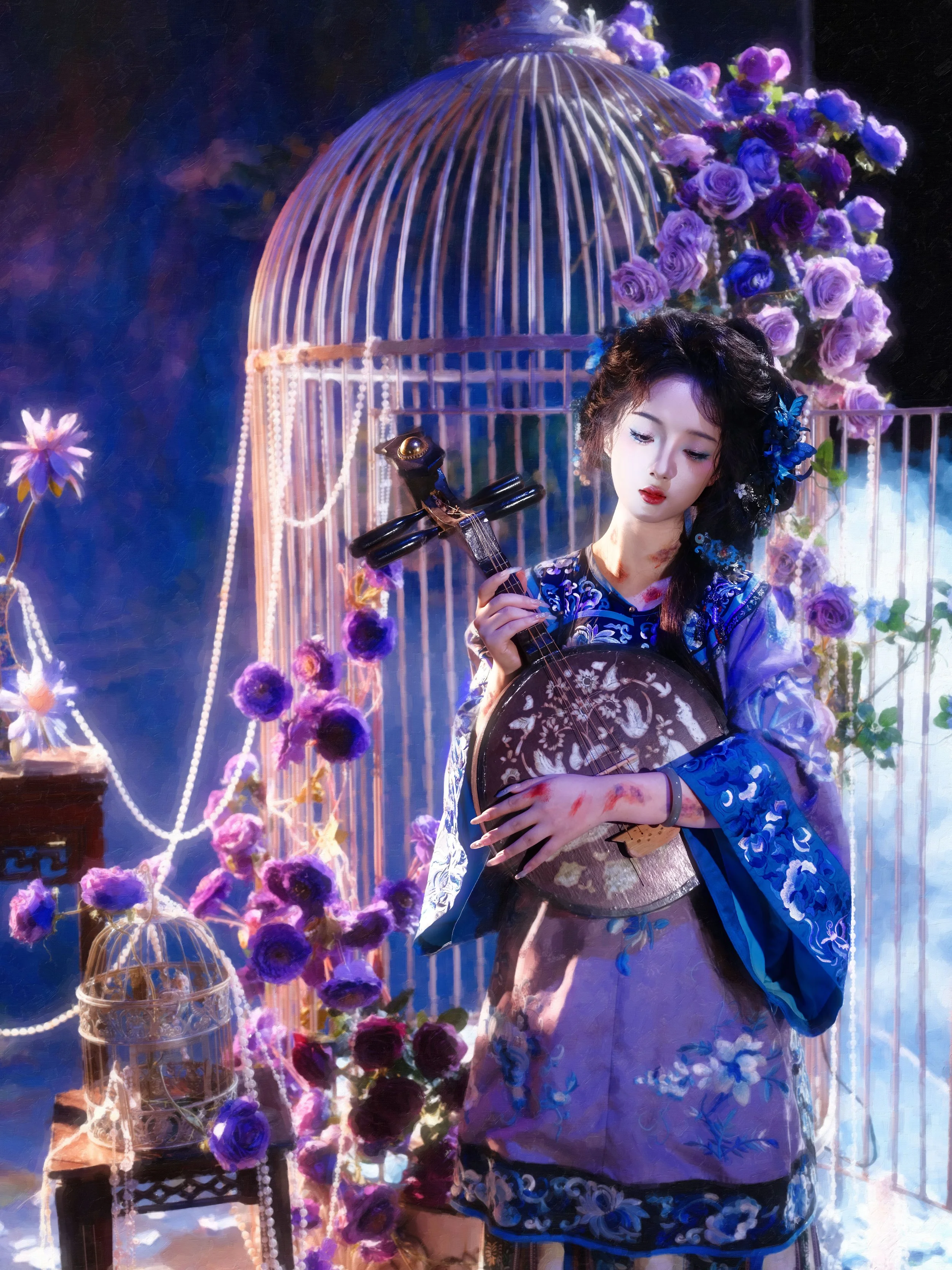 A woman in traditional blue Asian dress holding a stringed musical instrument, surrounded by purple flowers, birdcages, and ornate decorations in a colorful, artistic setting.