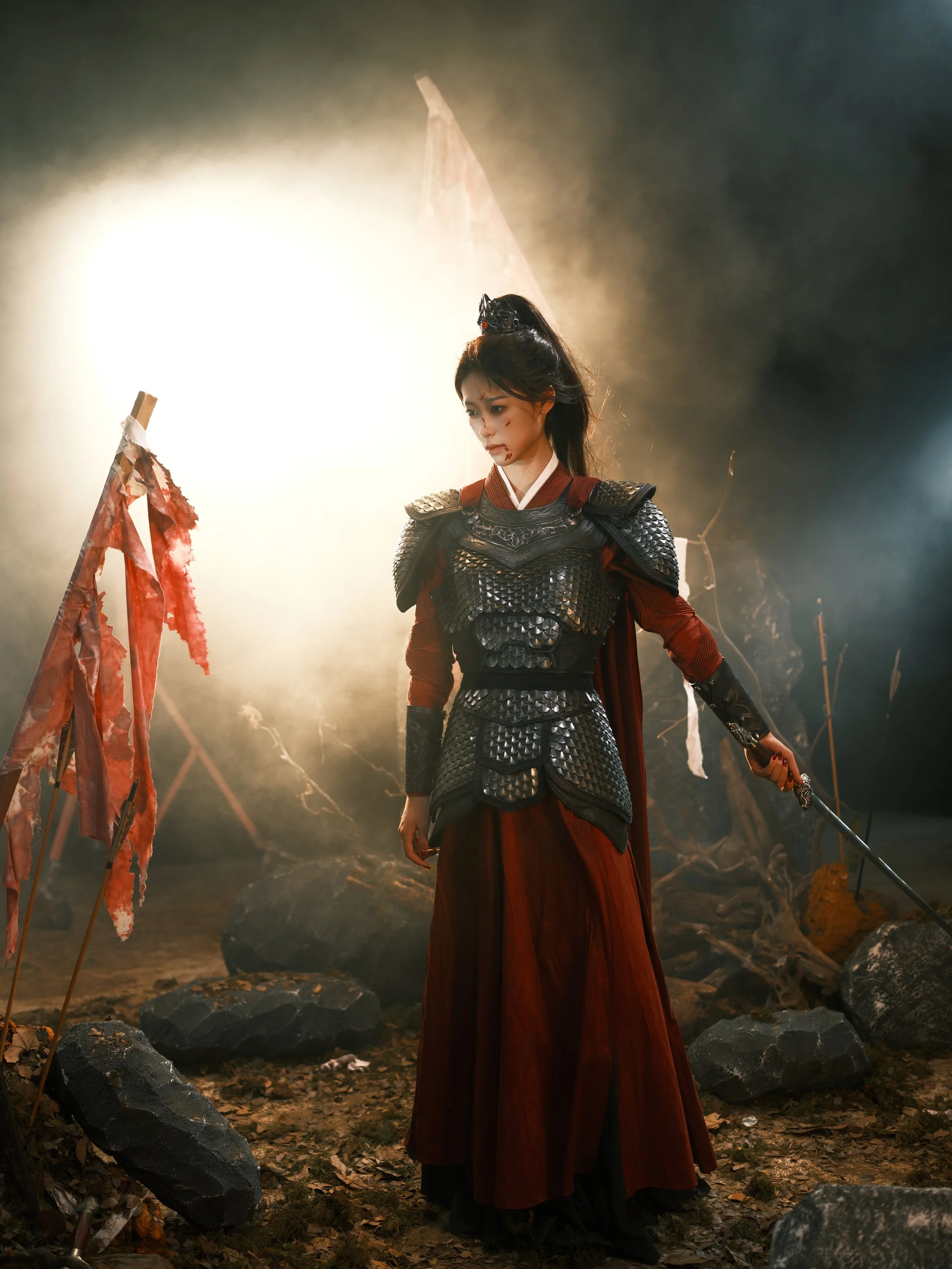 A woman dressed as a warrior in armor stands in a smoky, forest-like setting with rocks and torn banners, holding a sword and looking down.