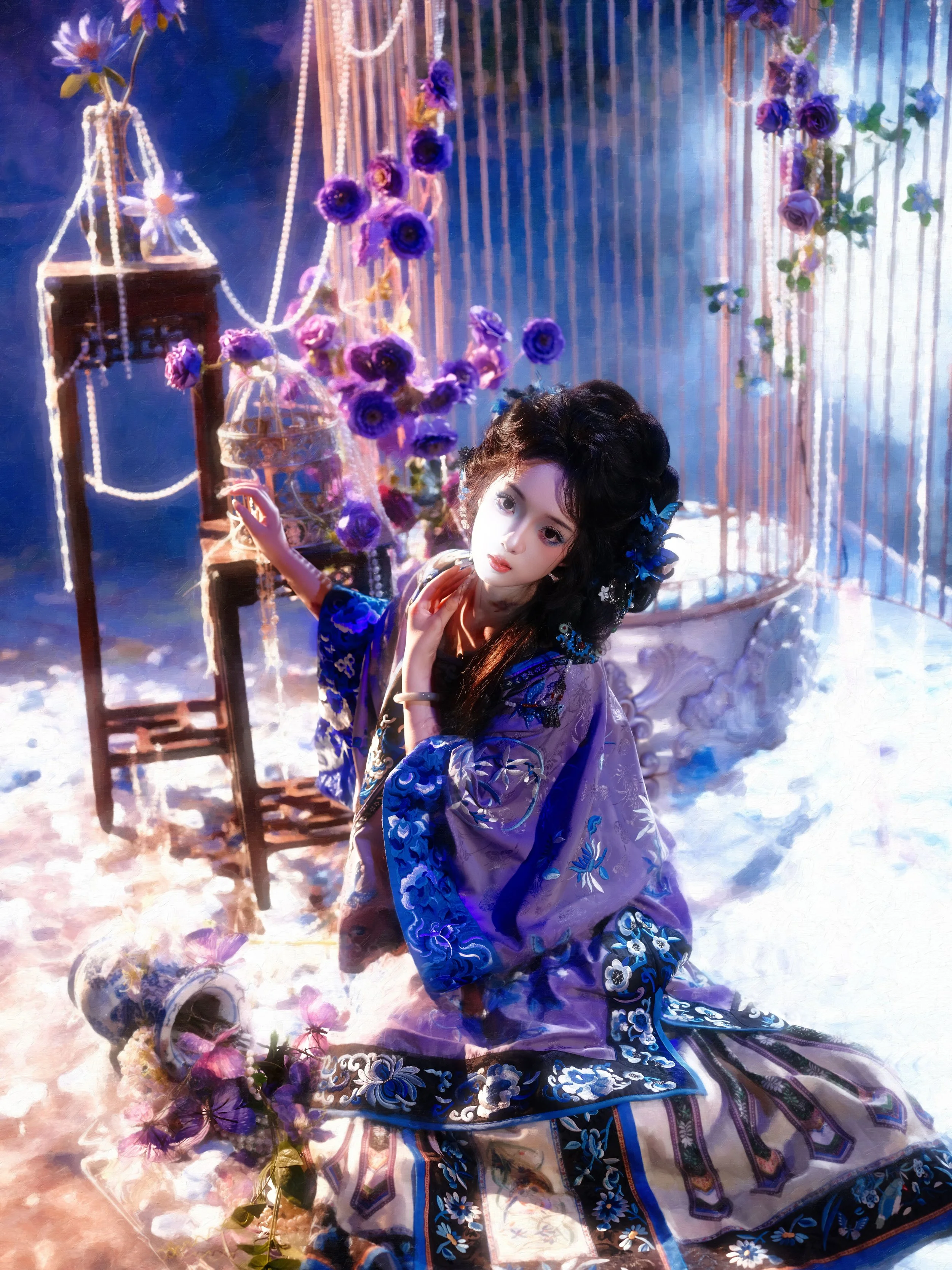 A woman in traditional Asian attire kneeling on a decorated floor with purple flowers and a bamboo background.