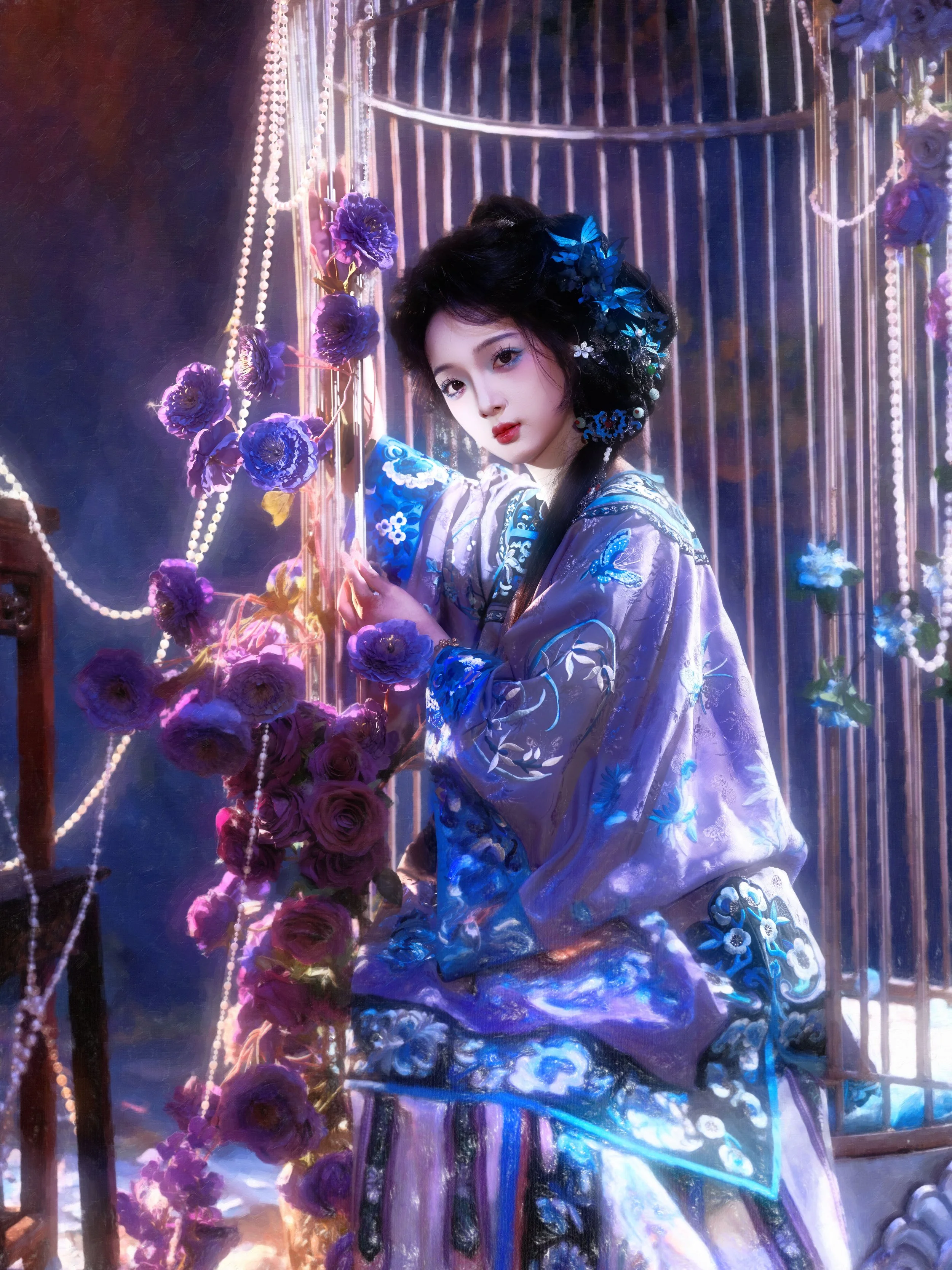A woman dressed in elaborate traditional Asian attire, sitting beside a decorative cage with purple roses and pearl strings, surrounded by vibrant blue and purple floral decorations.