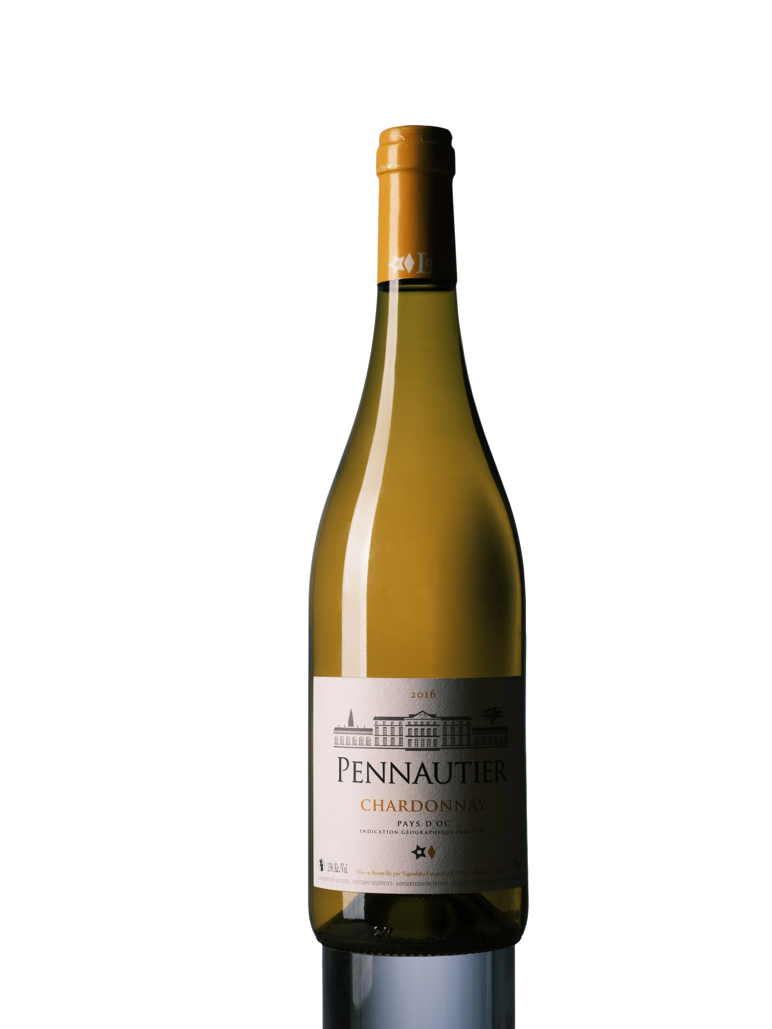 A bottle of Pennautier Chardonnay white wine from the 2016 vintage, with a white label and gold and black text, displayed against a white background.