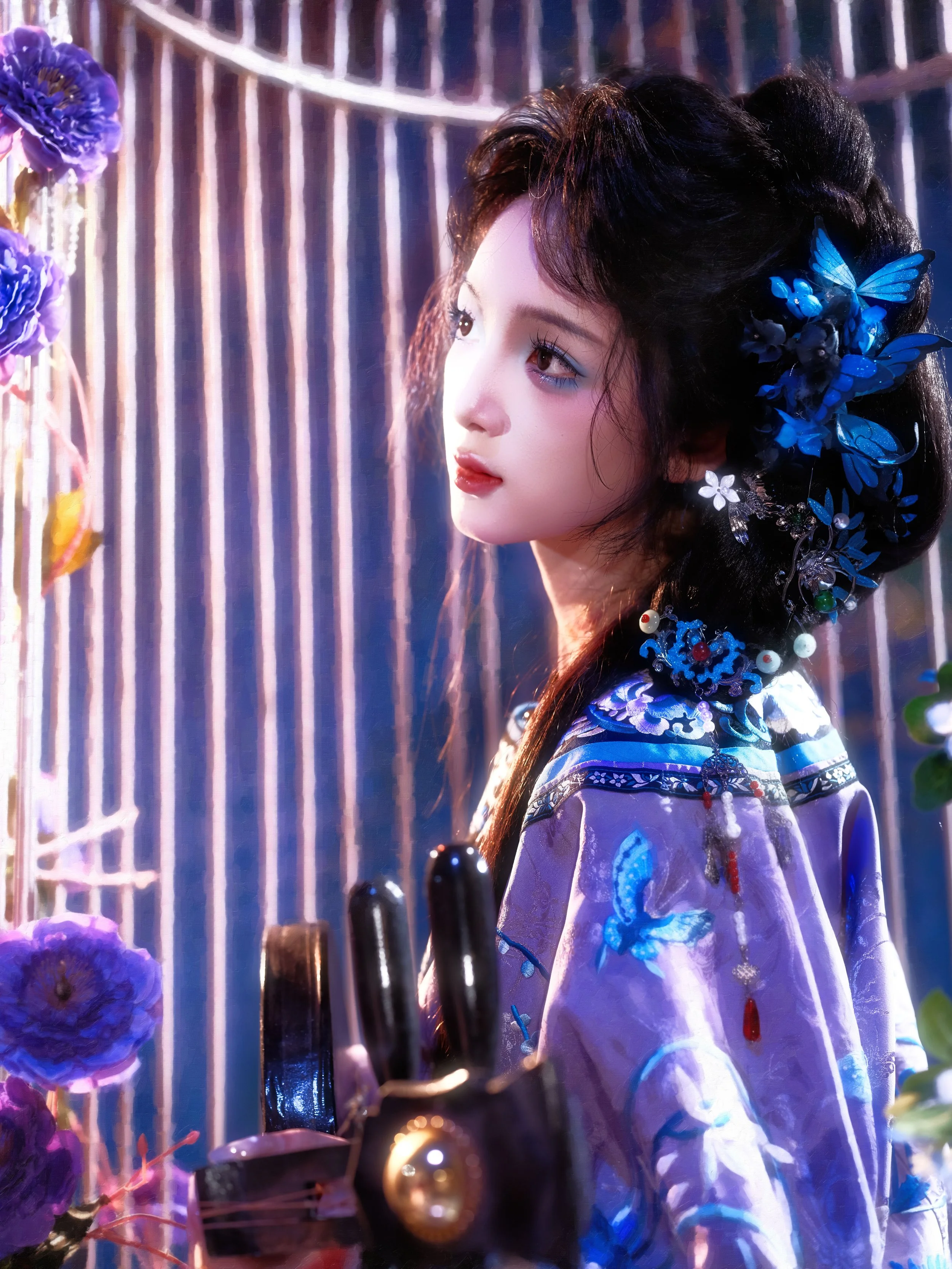 A young woman in traditional Chinese attire with elaborate blue butterfly hair accessories, standing near colorful flowers and a wooden fence, with a contemplative expression.