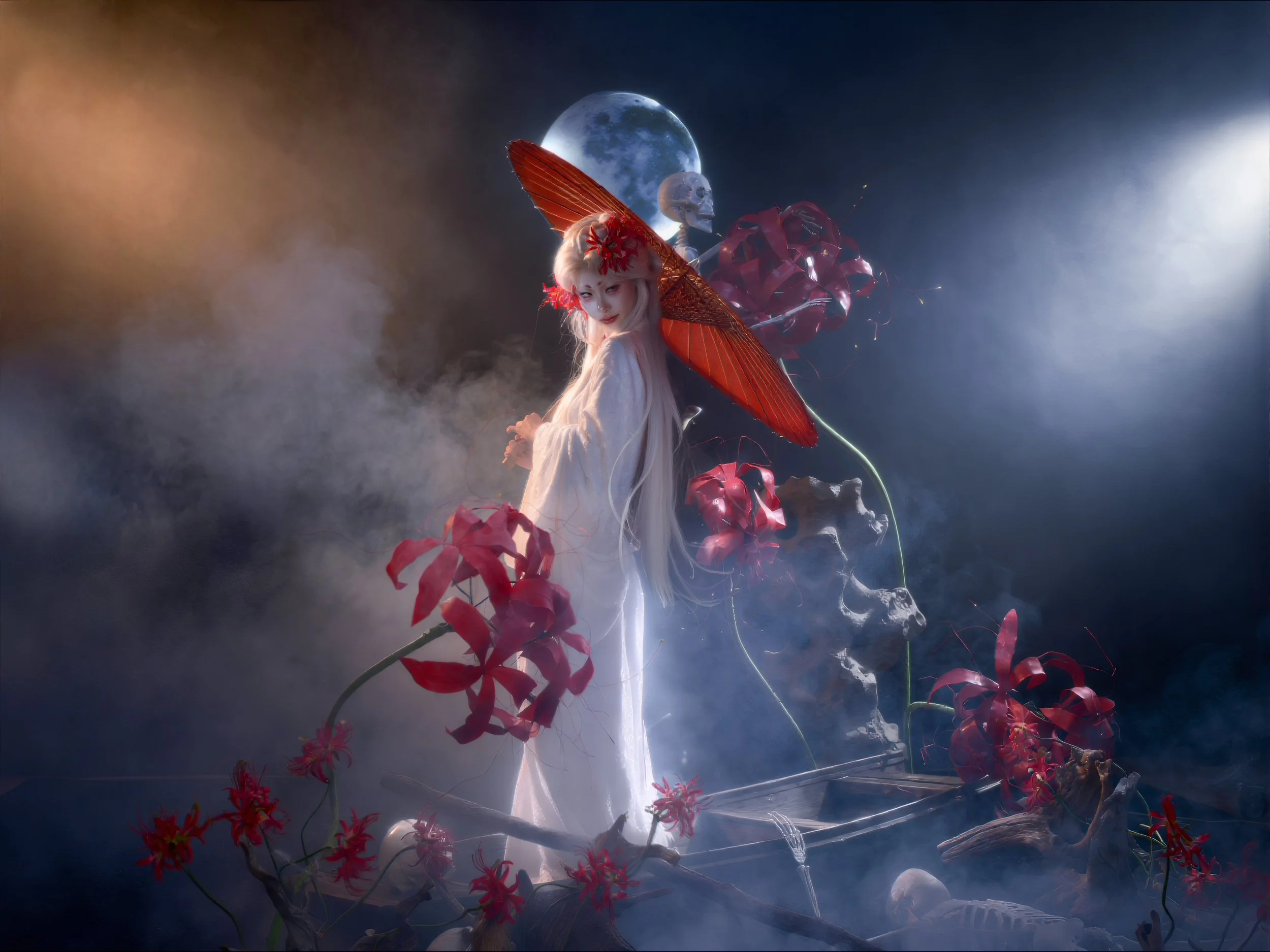 A fantasy scene featuring a woman with long blonde hair, dressed in white with a red umbrella hat, standing among red flowers and skulls, with a full moon in the background and mist surrounding the scene.